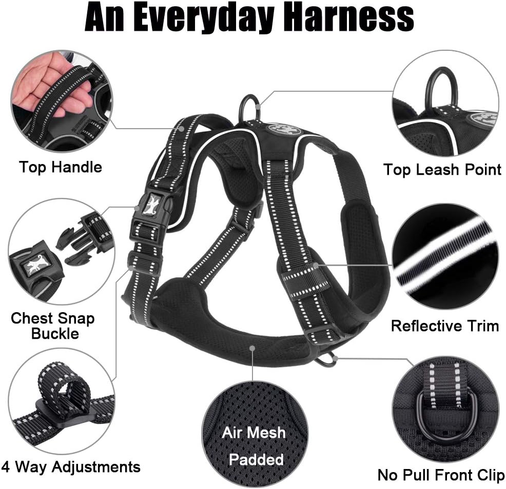 PoyPet No Pull Dog Harness, Reflective Comfortable Vest Harness with Front & Back 2 Leash Attachments and Easy Control Handle Adjustable Soft Padded Pet Vest for Small to Large Dogs (Black,L)