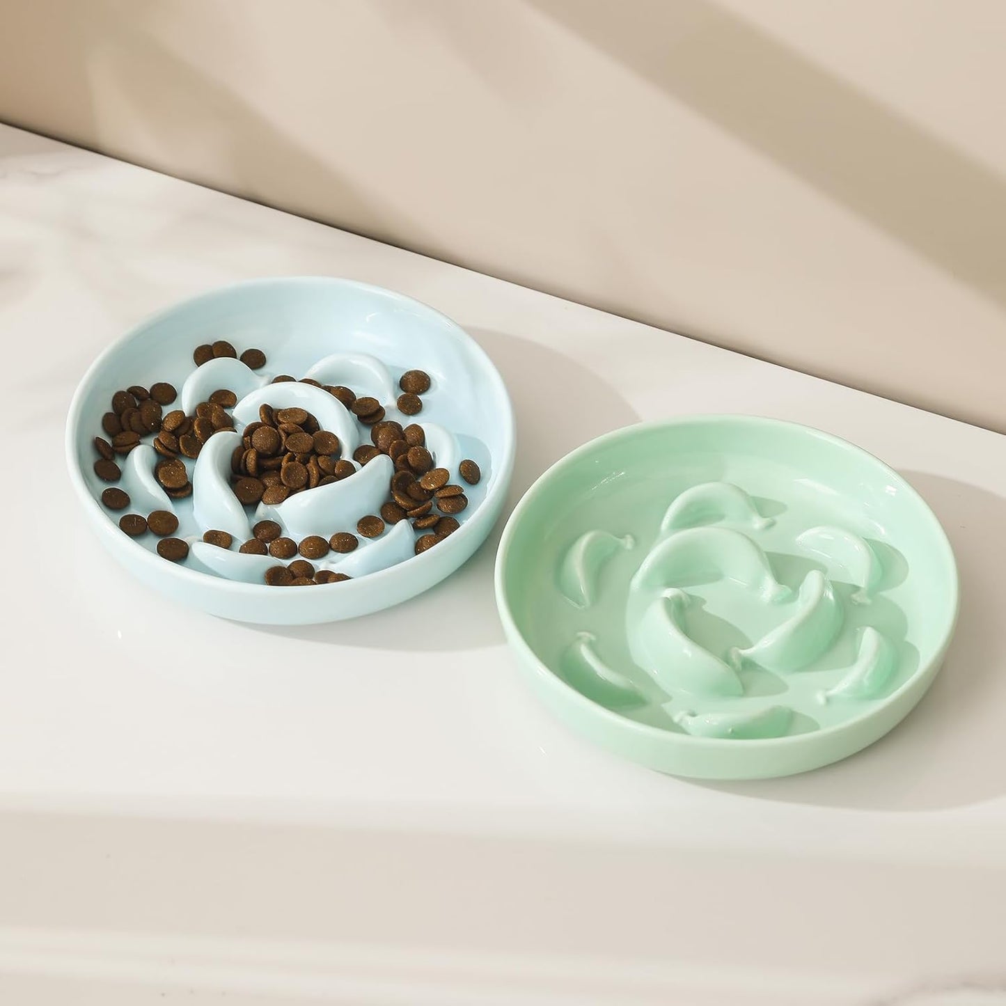 Ceramic Cat Slow Feeder Bowl - Pastel Series Cat Plate for Dry and Wet Food - Cute Maze Feeder Dish for Healthy Eating - Dishwasher Safe - 6.3''W x 1.2''H - 7 OZ - Pale Blue