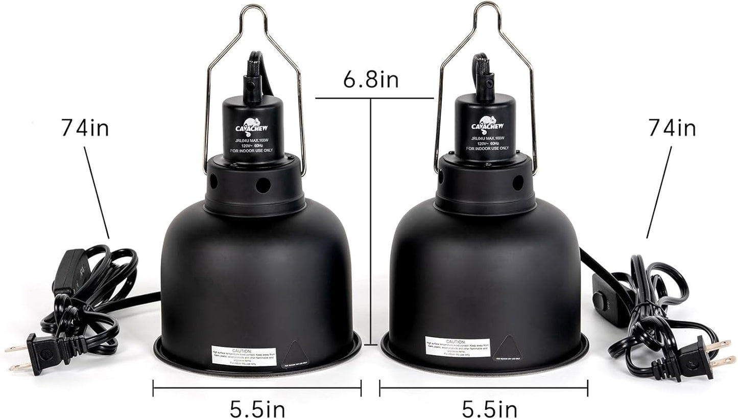 2 Pack Reptile Light Fixture, 5.5in Deep Dome Reptile Lamp Fixture, Optical Reflection Cover, Separate Switch & Hook, Terrarium Light Fixture for Reptile Heat Basking UVB Bulbs, 100W, Black
