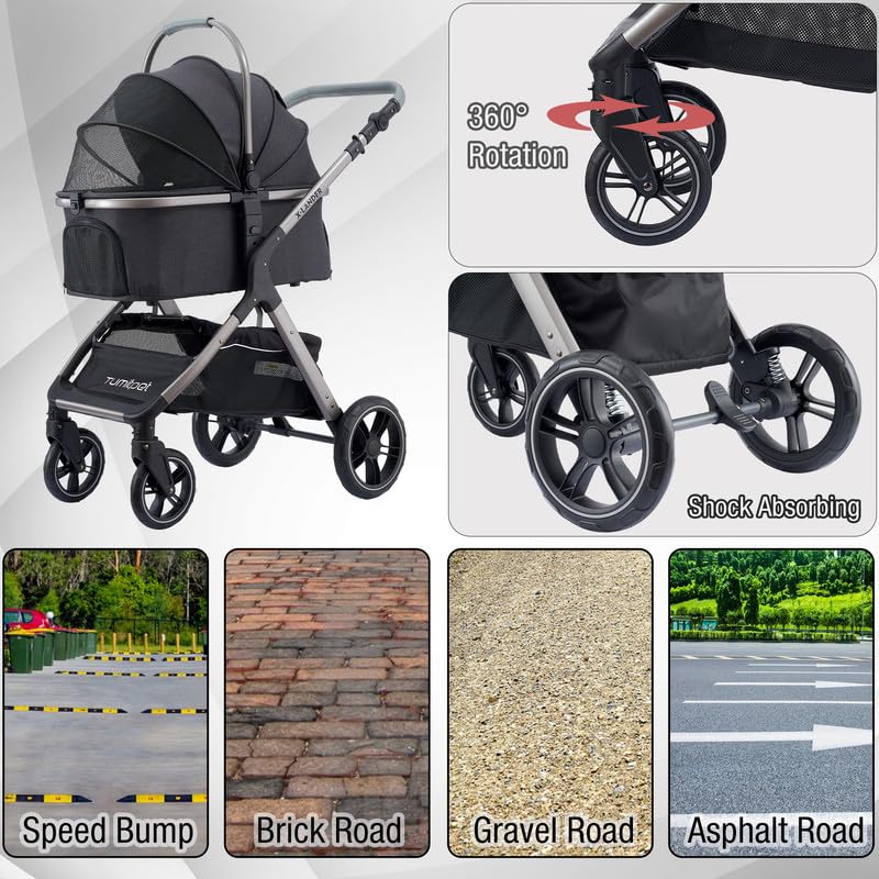 Pet Stroller for Small Medium Dogs, Cat Carriage Travel System Four Wheel Dog Stroller with Carrier, Zipperless Entry/Cup Holder/Storage Basket