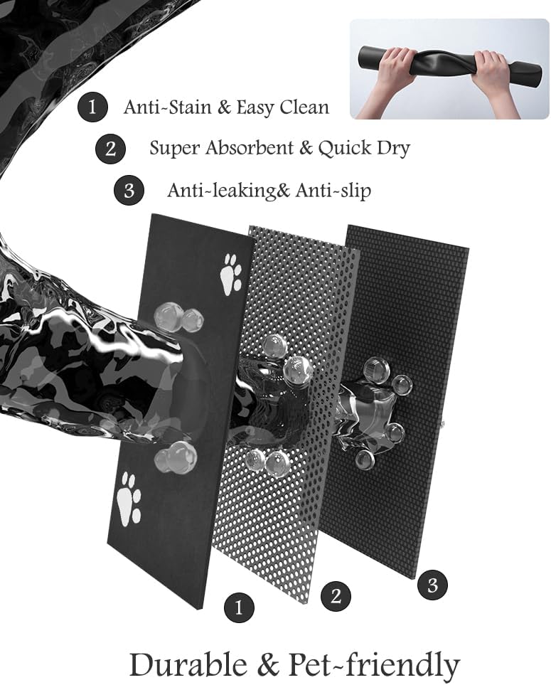 Pet Feeding Mat-Absorbent Dog Mat for Food and Water Bowl-No Stains Quick Dry Water Dispenser Mat-Dog Accessories Pet Supplies-Bowl for Messy Drinkers(Black,17"x28"
