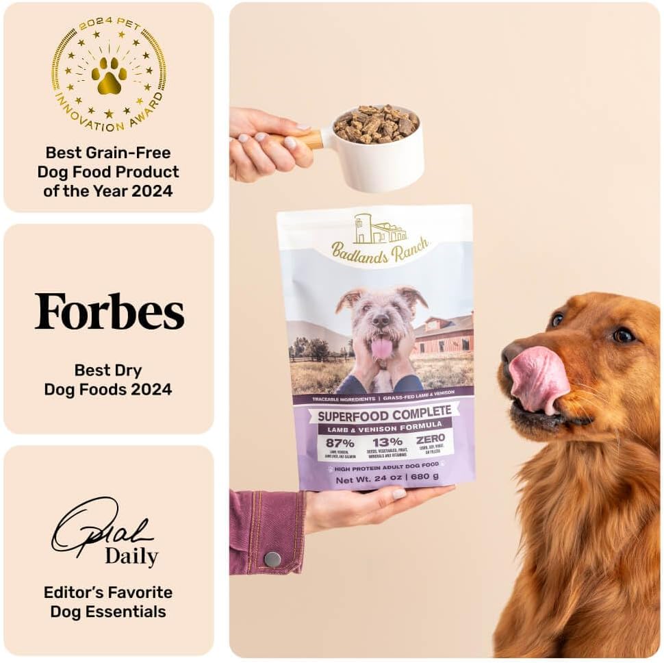 BADLANDS RANCH by Katherine Heigl- Superfood Complete, Air-Dried Adult Dog Food - High Protein, Zero Fillers, Superfood Nutrition (64 Ounce (Pack of 4), Lamb & Venison)