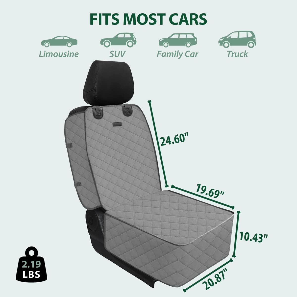 Dog Car Front Seat Cover with Side Flaps & Buckle Straps for Pet, 100% Waterproof 600D Oxford Single Seat Protector Heavy Duty Quilted Scratch Proof, Universal Size for SUV Truck, Grey