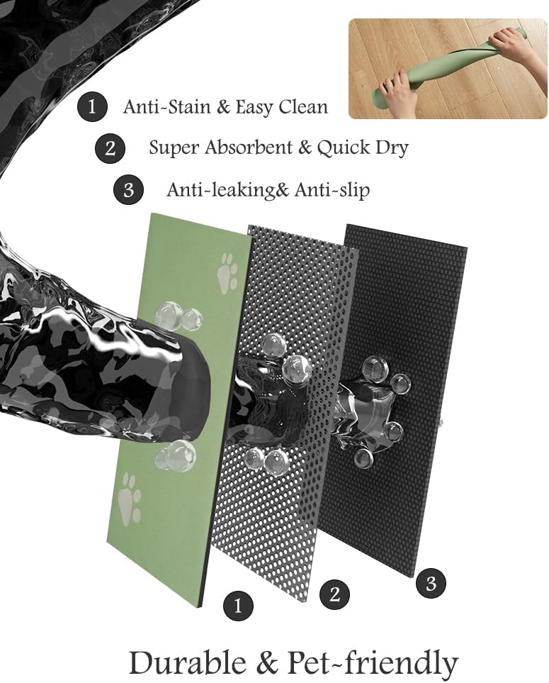 Pet Feeding Mat-Absorbent Dog Mat for Food and Water Bowl-No Stains Quick Dry Water Dispenser Mat-Dog Accessories Pet Supplies-Bowl for Messy Drinkers(Green,16"x24"