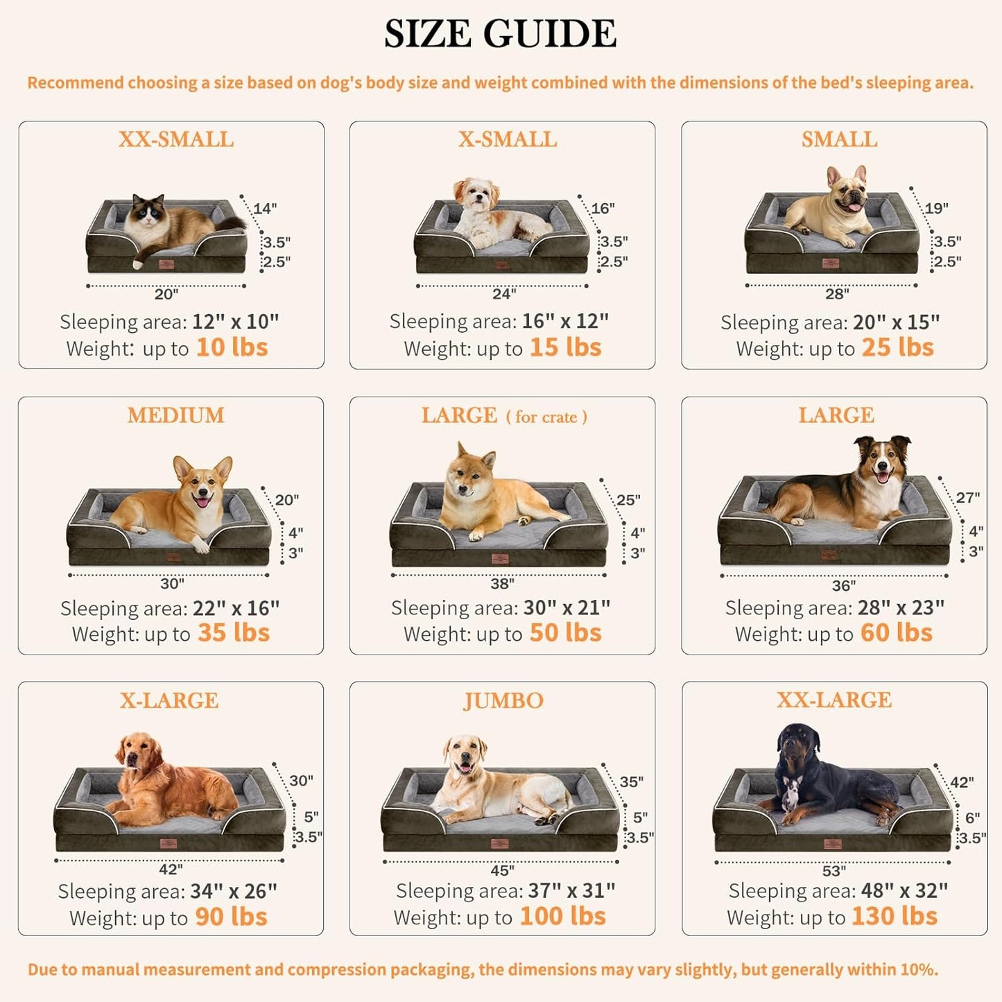 Comfort Expression Waterproof Orthopedic Foam Dog Beds for Large Dogs, Dog Beds Sofa Comfy Pet Bed with Washable Removable Cover & Non-Slip Bottom(Large,Dark Green)