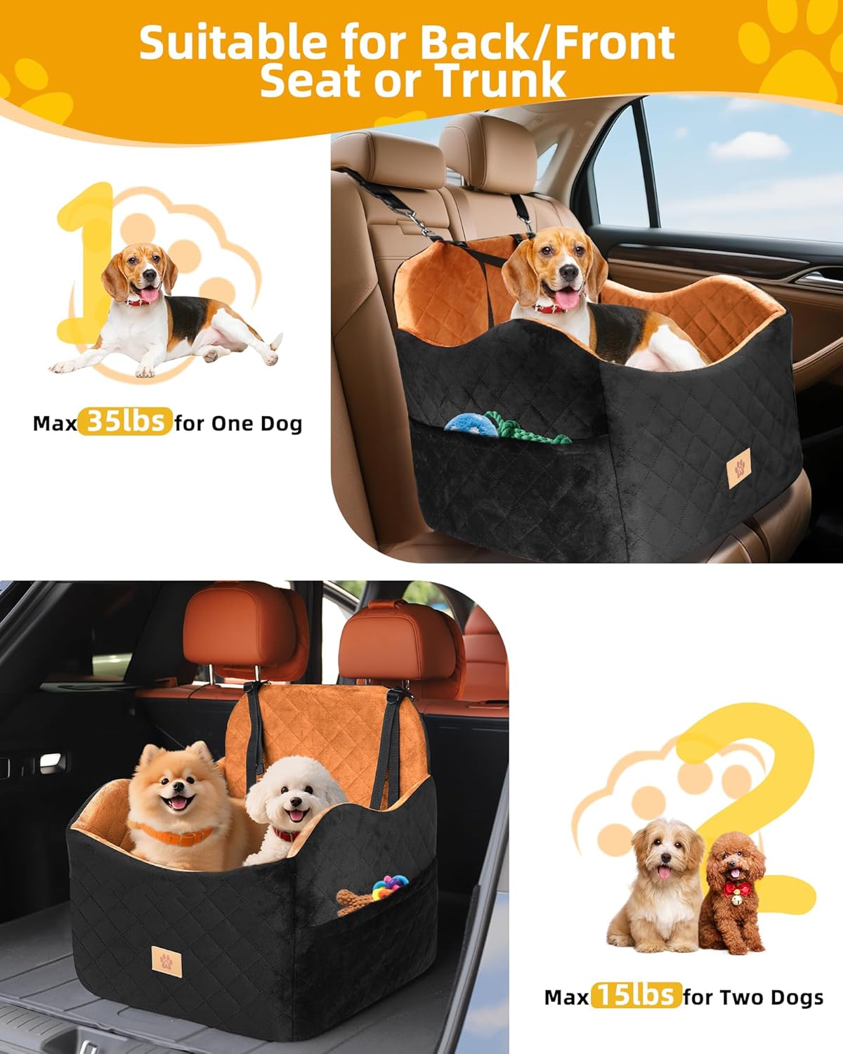 Car Seat Booster for Dog: High-Support Memory Foam Pet Car Seat for Small/Medium Dogs Under 35lbs with Elevated Cushion,Pockets - Detachable Washable Puppy Travel Bed for Driving(Black/Brown)