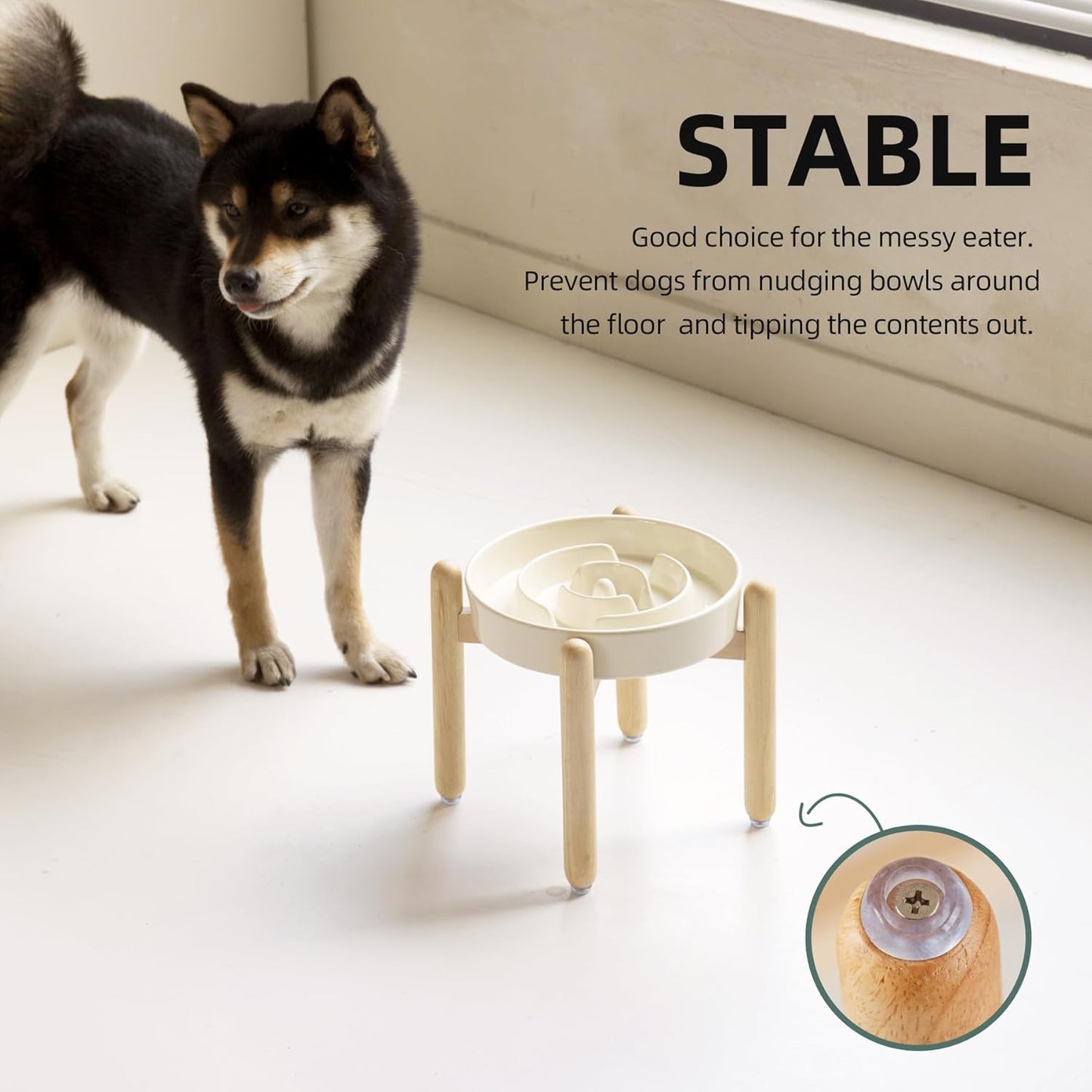 8.2inch Ceramic Raised Slow Feeder Dog Bowl Set, Elevated Wooden Stand for Large and Medium Dog, Puzzle Slow Dish, Anti-Gulping(Beige, Single Bowl+ Stand)