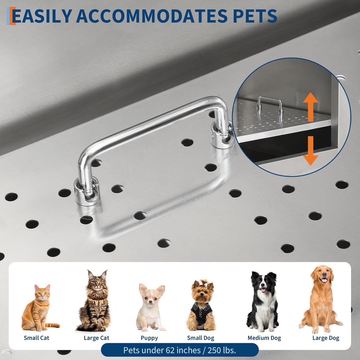 Stainless Steel Dog Washing Station - Dog Bath Tub for Large, Medium, Small Dogs, Pet Grooming Tub with Ramp, Non-Slip Grate, Shower, Soap Box, Faucet, Drain for Home & Outdoor (Left RAMP, 62")