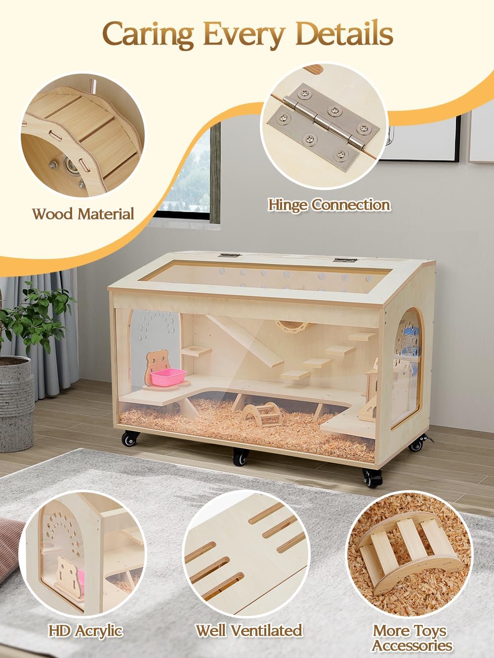 Hamster Cage Large 32 inch Guinea Pig Cages Hamster Cages Enclosure and Habitats Mice Rat Cage with Platform Openable Top Acrylic Sheets Wooden Chewproof Small Animal Cage for Hedgehog Mouse Gerbil