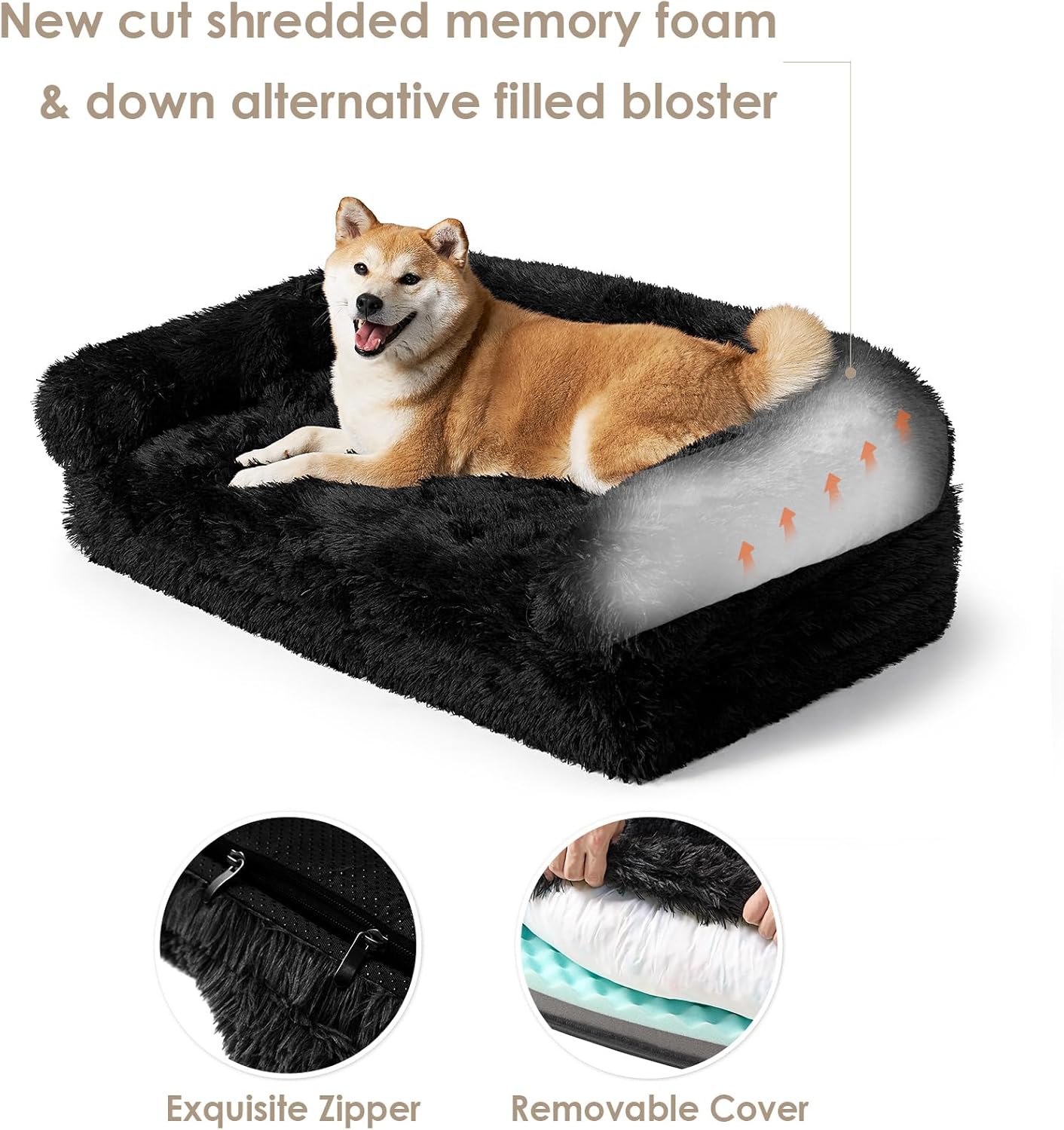 EHEYCIGA Foldable XXL Dog Bed, Faux Fur Fluffy Pet Couch Bed for Extra Large Dogs, Orthopedic Calming Memory Foam Big Pet Bed, Washable Soft Pet Sofa Bed with Non-Slip Bottom, Black, 54"x38"x7.5"