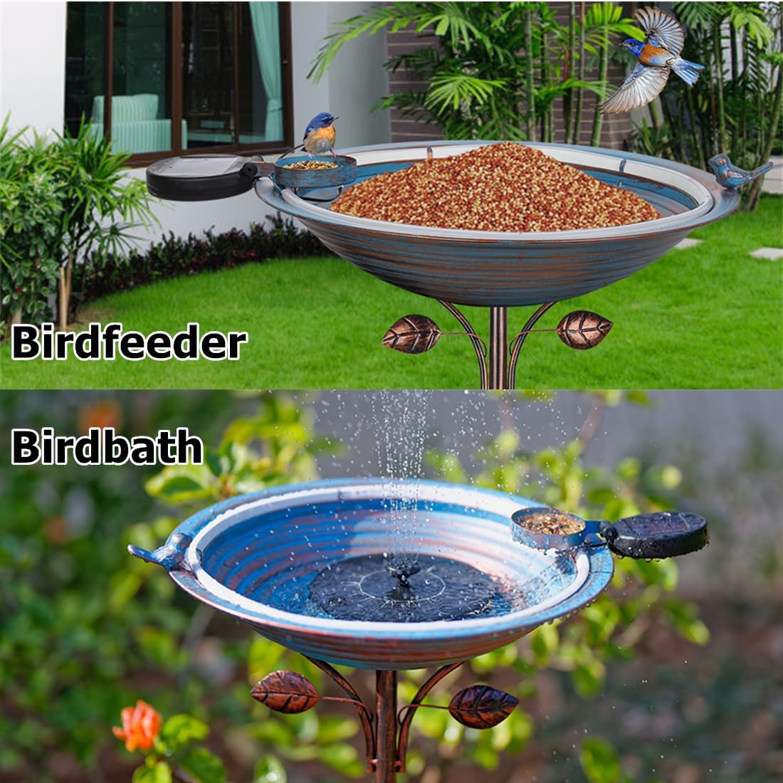 Metal Bird Bath with Stake, Large Standing Birdbath with Solar Light, 39" Tall Bird Bath & Feeder with 15" Bowl & Decorative Cast Iron Bird for Outside Garden Patio Yard Decor