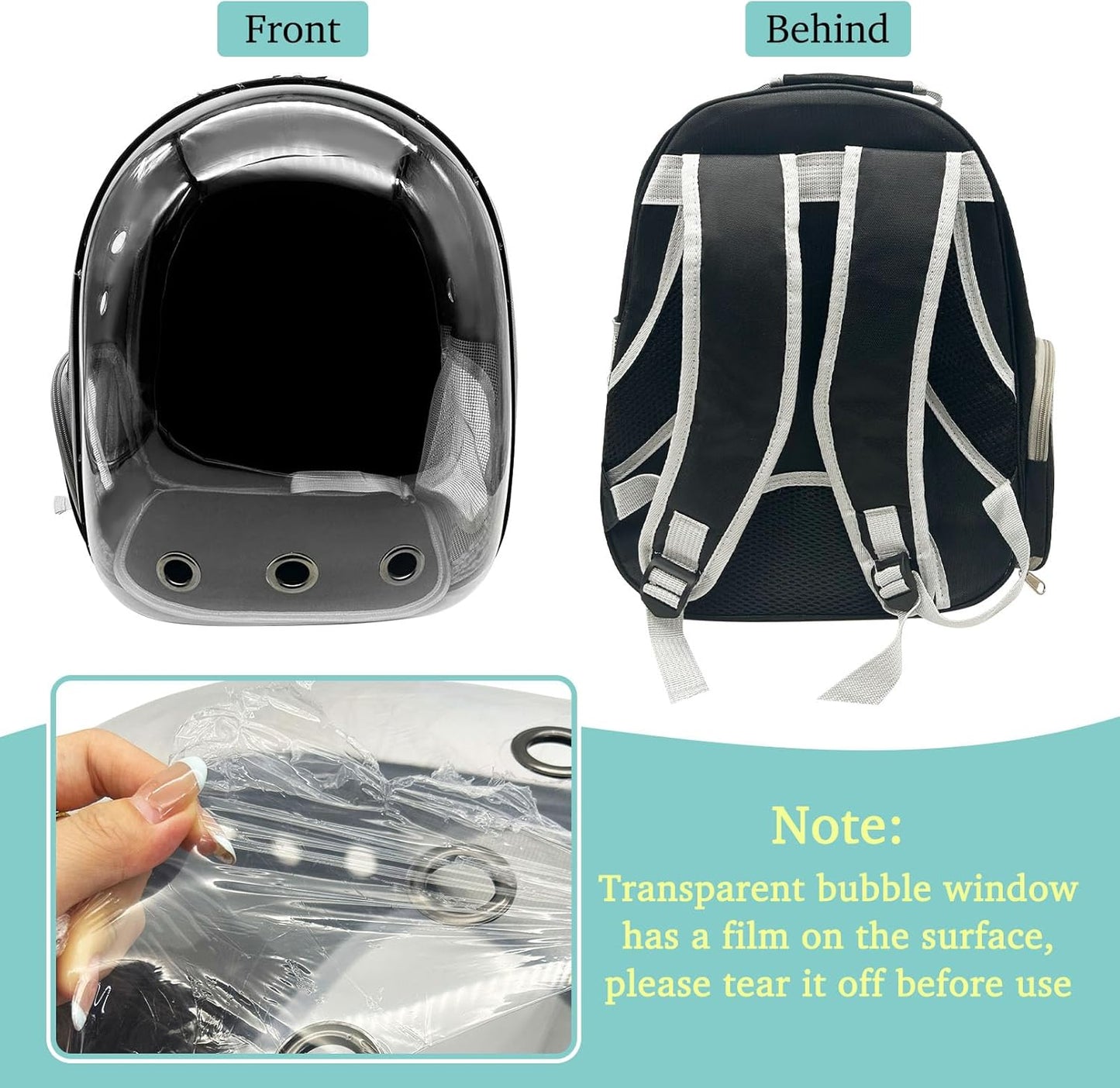 PINVNBY Bearded Dragon Carrier Backpack with Harness and Leash Set Large Reptile Travel Carrier Portable Lizard Backpack Clear Bubble Window Small Animal Carrying Bag for Gecko Kitten Rabbit (Black)