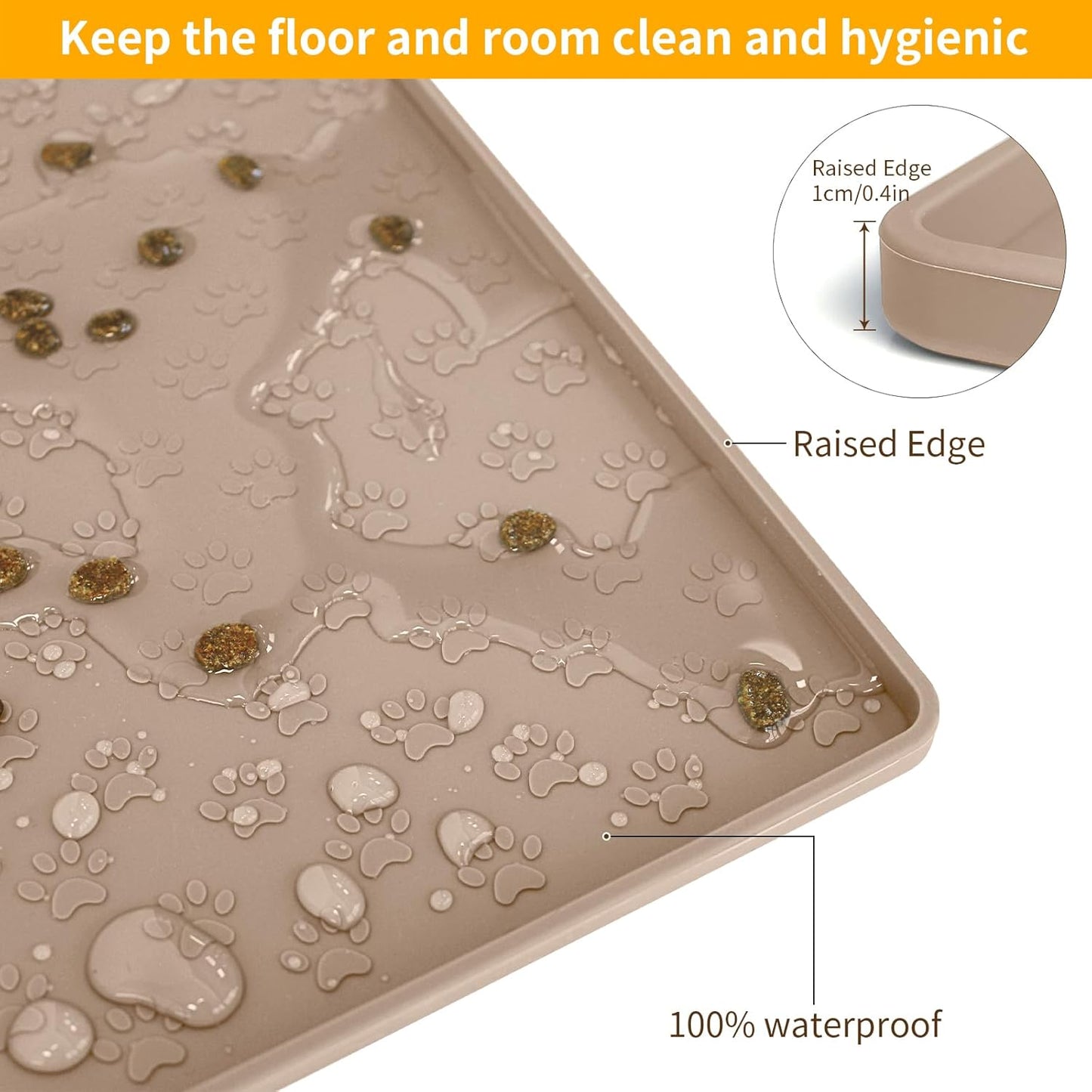 Ptlom Silicone Dog Food Mat Waterproof Pet Feeding Mat with High-Lips, Anti-Slip Dog Bowl Mat for Food & Water, Non-Spill Puppy Feeding Tray for Small, Medium & Large Dogs and Cats, Taupe