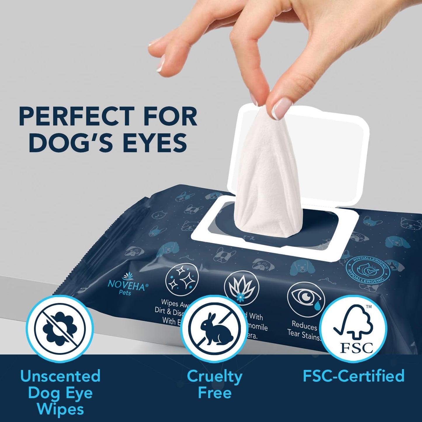 NOVEHA 100PCs Dog Eye Wipes - Tear Stain Remover for Dogs - Formulated with Chamomile and Aloe to Remove Eye Debris, Tear Stains & Eye Discharge - Plant Based, Safe, and Large 5"x5" Unscented Wipes