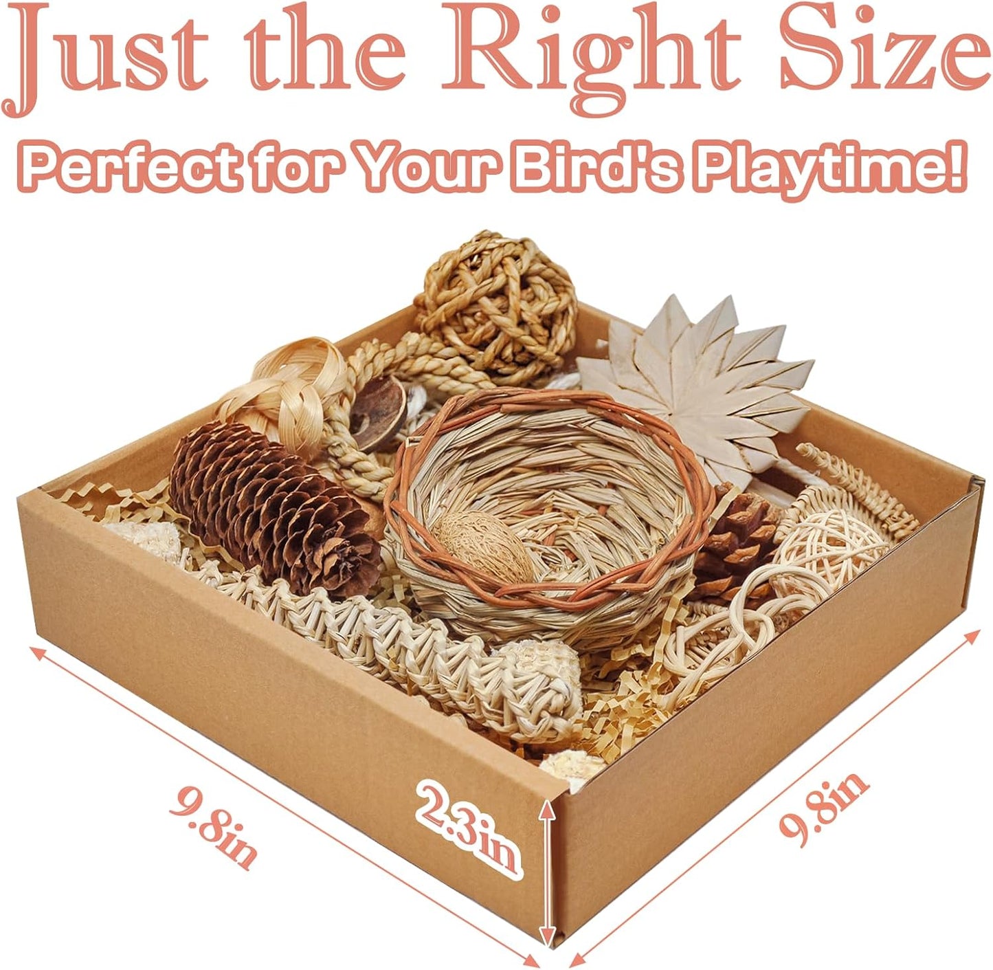 Natural Bird Foraging & Shredding Toys Box - Handmade Rattan Chewing Toys for Parakeets, Cockatiels, Conures, Lovebirds & Small to Medium Birds