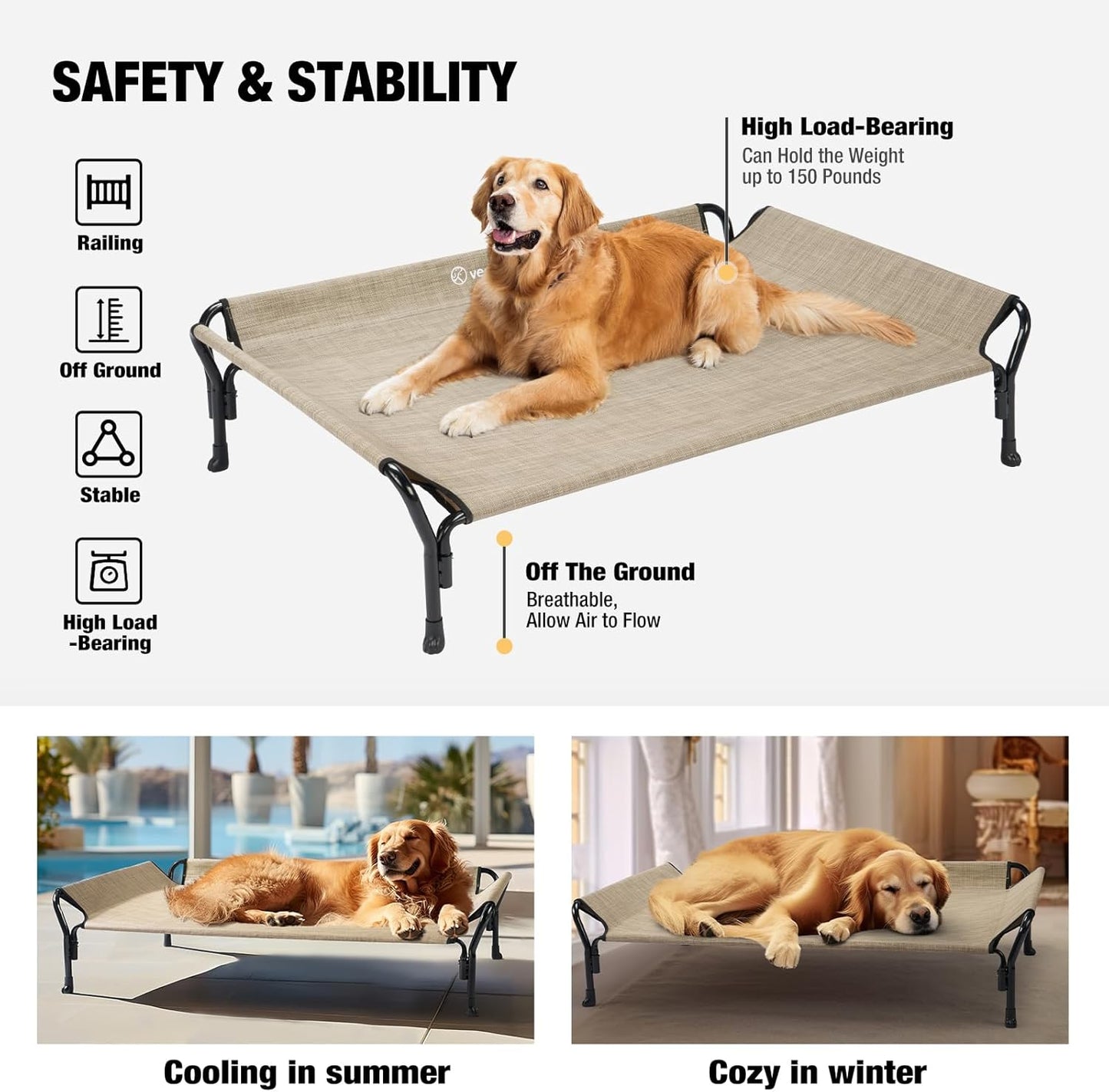 Veehoo Medium Elevated Dog Bed, Guardrail, Non-Slip, Teslin Mesh, 35"L x 26"W x 11"H, Beige Coffee