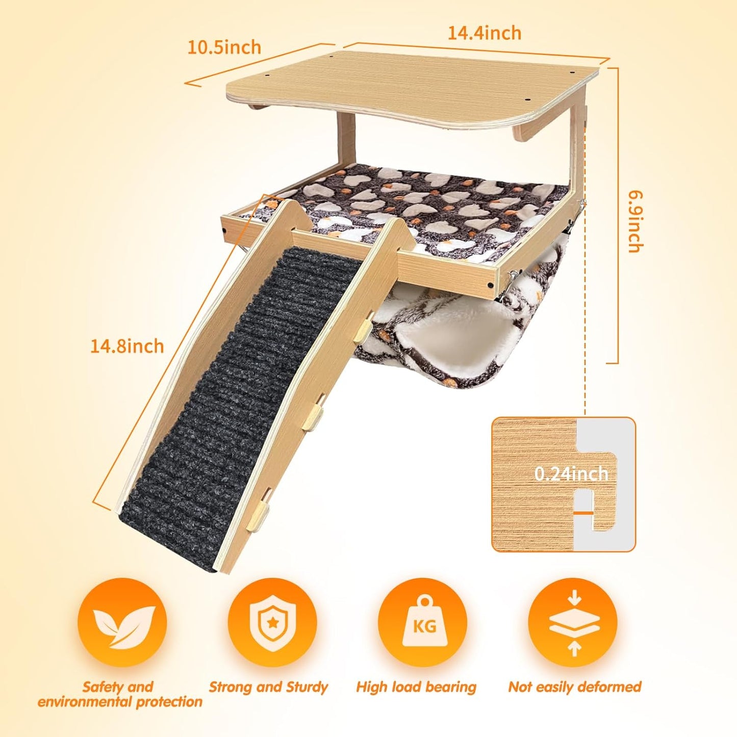 Guinea Pig Hideout,Natural Wood Removable Guinea Pig Bed, Small Animal Habitat with Hanging Hammock/Staircase/Cushion, Suitable for Small Animals to Hide, Rest, Play