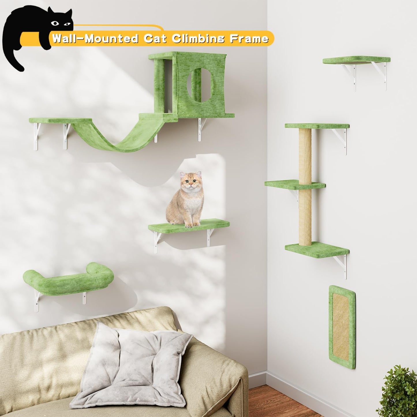NUNU LAB Wall Mounted Cat Furniture, 6 Pcs Cat Wall Shelves with Condo House, Bridge, Steps, Scratcher, Hammock, Indoor Safe & Stable Furniture for Kittens Play, Green