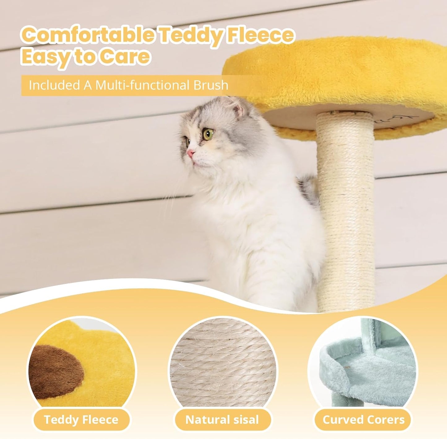 HYABi 65.5 Inch Sunflower Cat Tree Tower Multi-Level Cat Condo with Plush Scratching Posts, Toy Balls, and Pet House, Indoor Play Platform for Large Adult Cats, Cute Sunflower Design