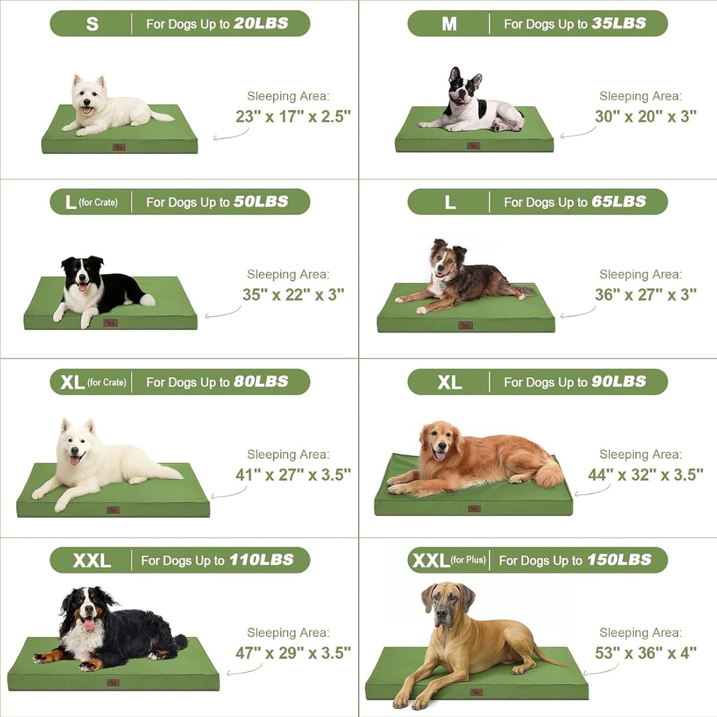 Outdoor Large Dog Bed, Waterproof Dog Bed for Large Dogs, Egg Crate Foam Pet Bed with Removable Washable Oxford Cooling Cover, Light Green