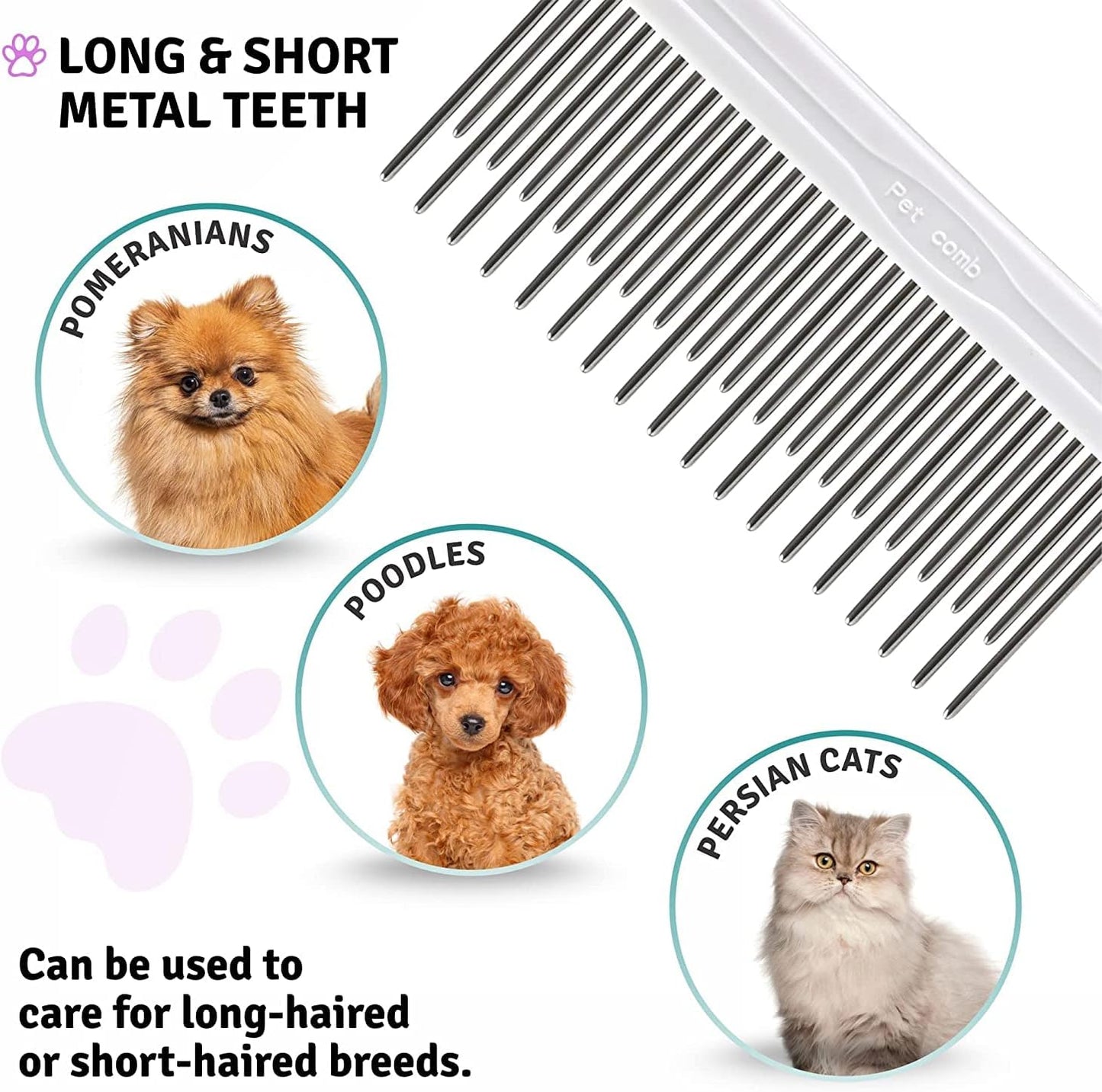 Poodle Pet Detangling Pet Comb with Long & Short Stainless Steel Teeth for Removing Matted Fur, Knots & Tangles – Detangler Tool Accessories for Safe & Gentle DIY Dog & Cat Grooming
