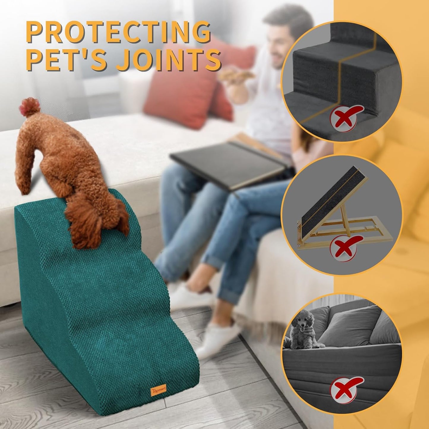 Topmart 3 Tiers Foam Dog Ramps/Steps,Non-Slip Pet Steps,Extra Wide Deep Dog Stairs,High Density Foam Pet Stairs/Ladder,Best for Older Dogs,Cats,Small Pets