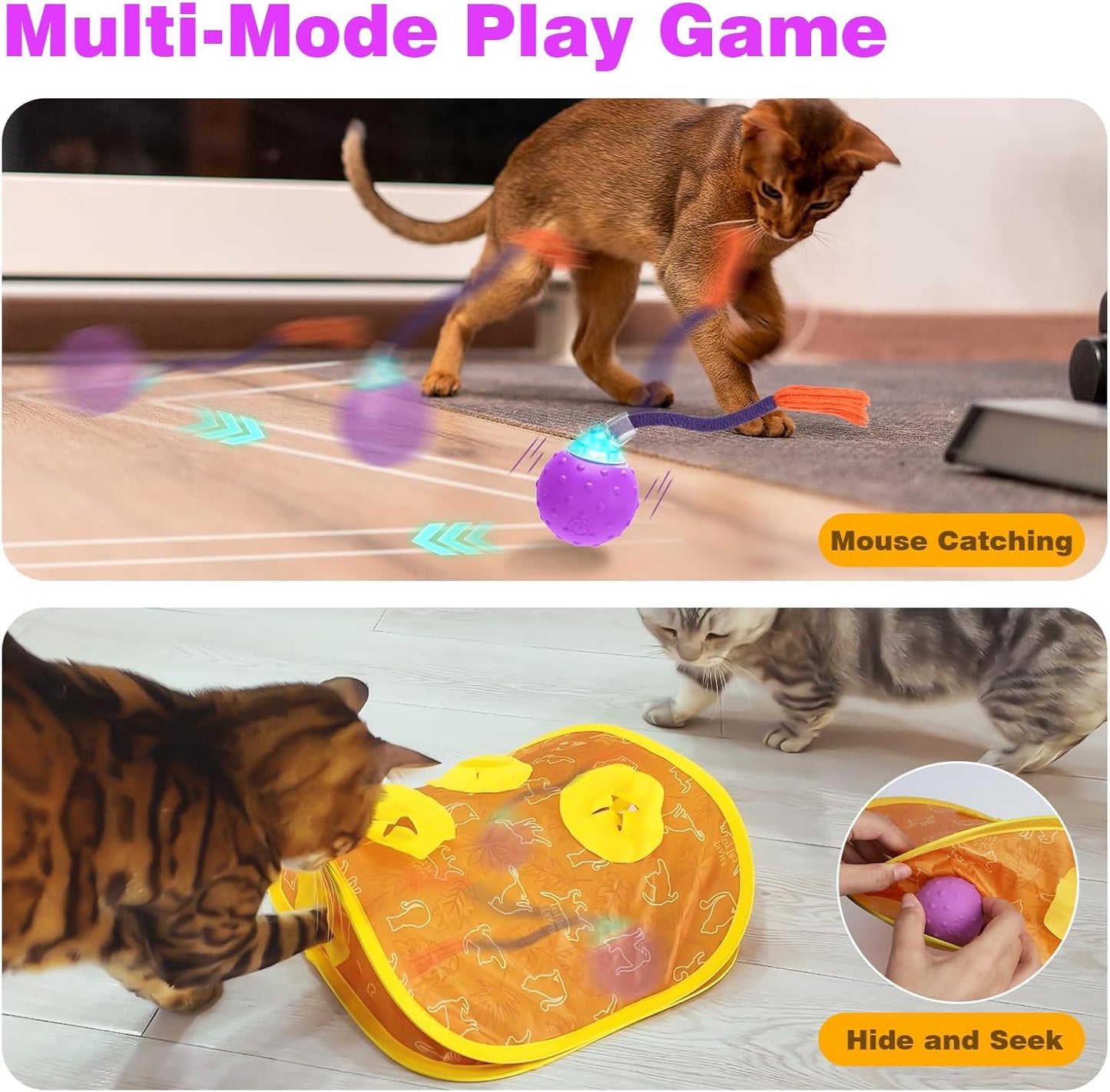 Interactive Cat Toys Mouse Ball, Motion Activated Cat Ball Super Fast in Mice Holes Cat Tent Tunnel