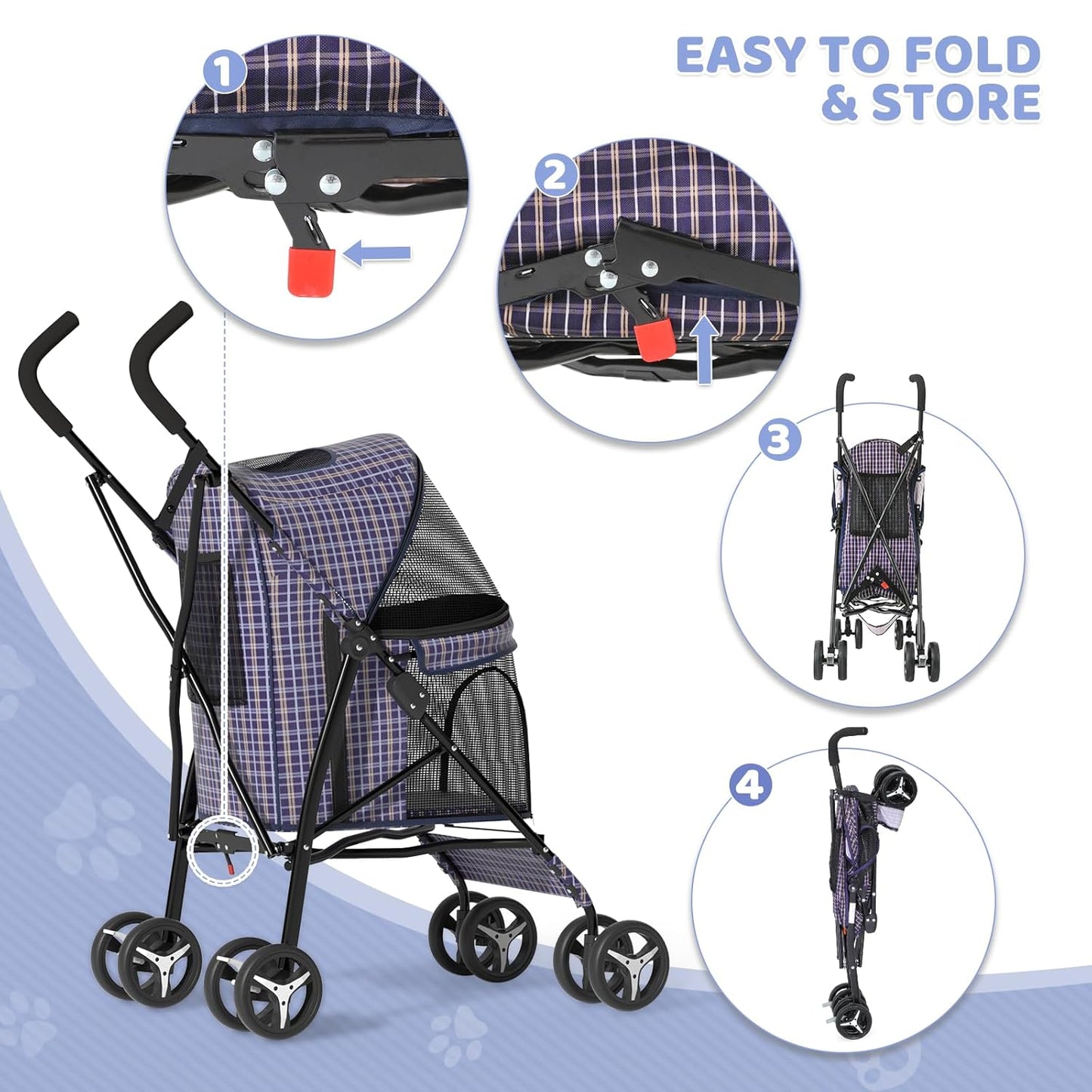 Magshion Compact Pet Stroller for Small-Medium Dogs/Cats up to 22lbs, 4-Wheel Lightweight Umbrella Shaped Portable Puppy Travel Jogger with Breathable Mesh & Rear Storage, Plaid