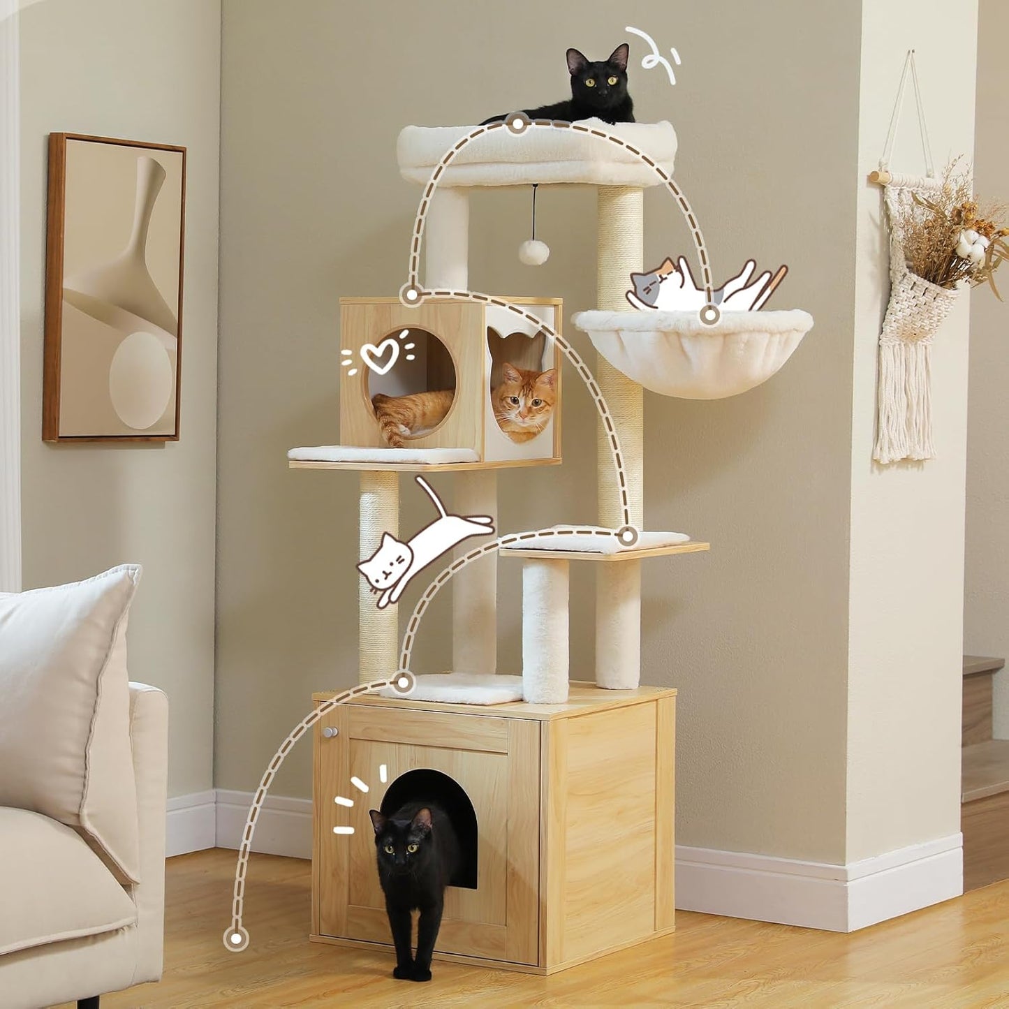 PEQULTI 57.5" Cat Tree with Litter Box Enclosure Large, Wood Cat Tower for Indoor Cats with Storage Cabinet and Cozy Cat Condo, Sisal Covered Scratching Post and Repalcable Dangling Balls, Beige