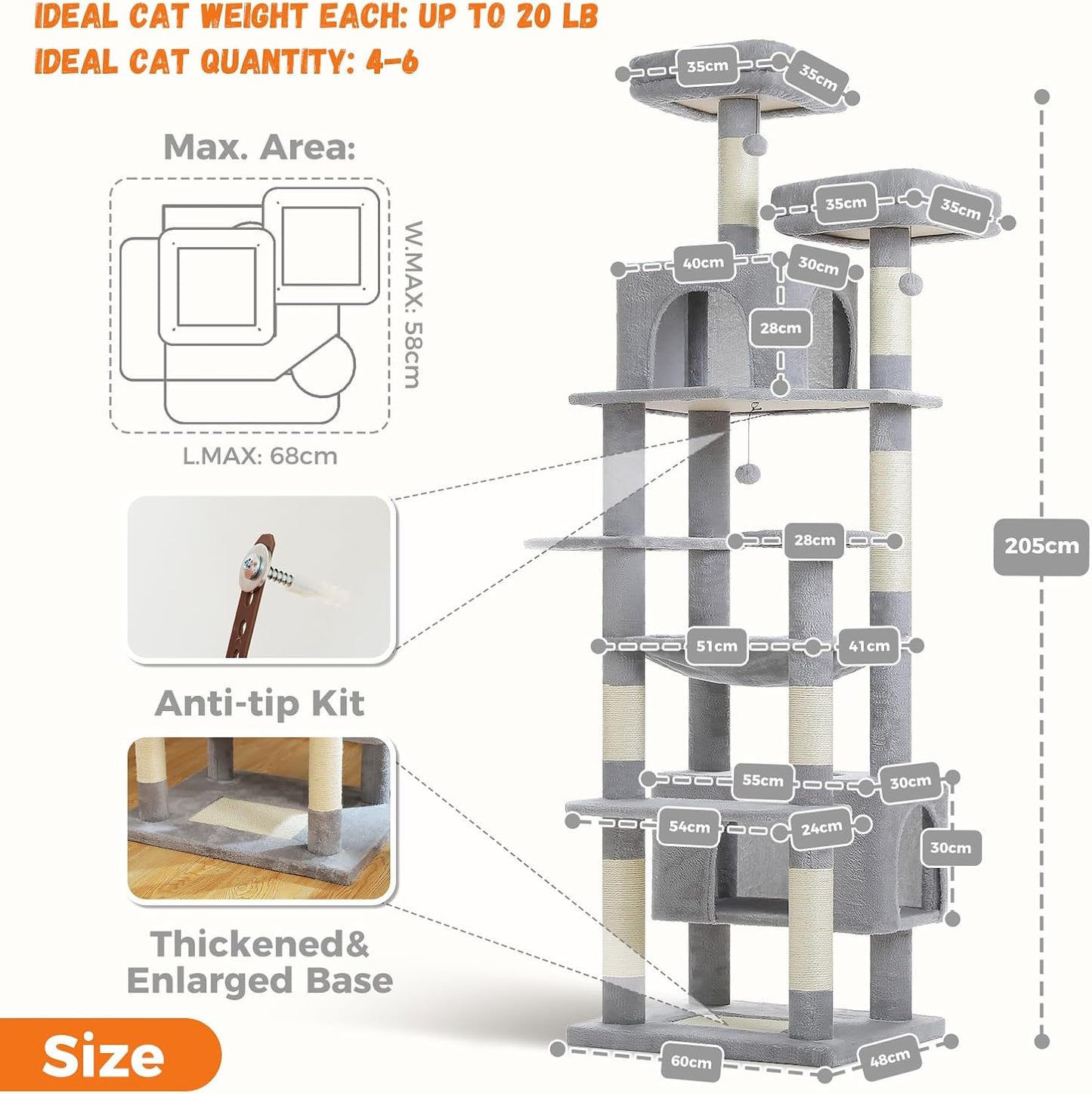 PAWZ Road Heavy Duty Cat Tree for Large Cats, 81 Inches Tall Cat Tower with 2 Perches, 2 Condos and Spacious Hammock, XL Extra Large Condo with 7 Scratching Posts for 20lb+ Adult Cats,Gray