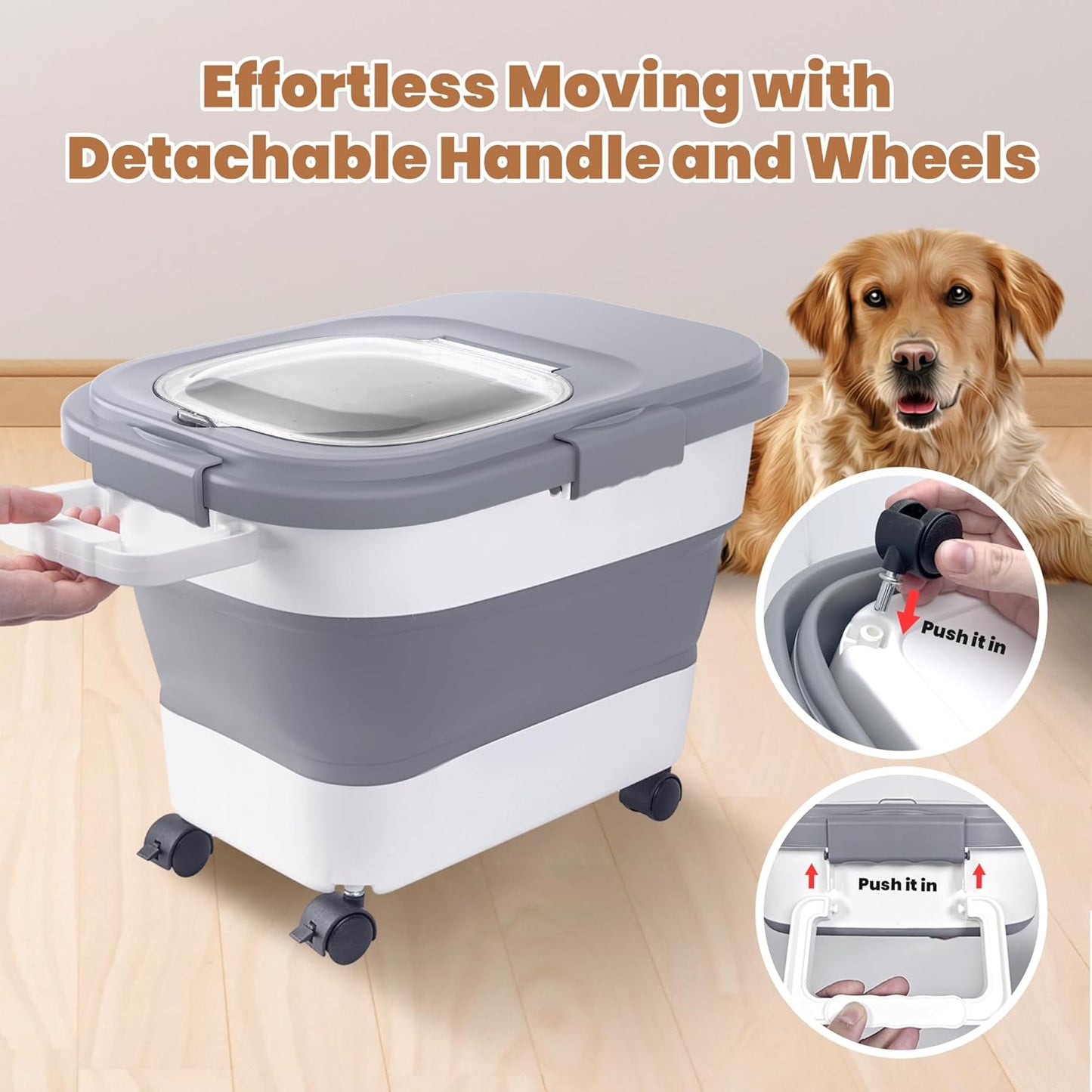 15-23 Lbs Airtight Dog Food Storage Container,Collapsible Dog Food Container with Lid,Wheels,Handle,Large Cat food storage Container with Scoop,Small Food Container for Dog Cat