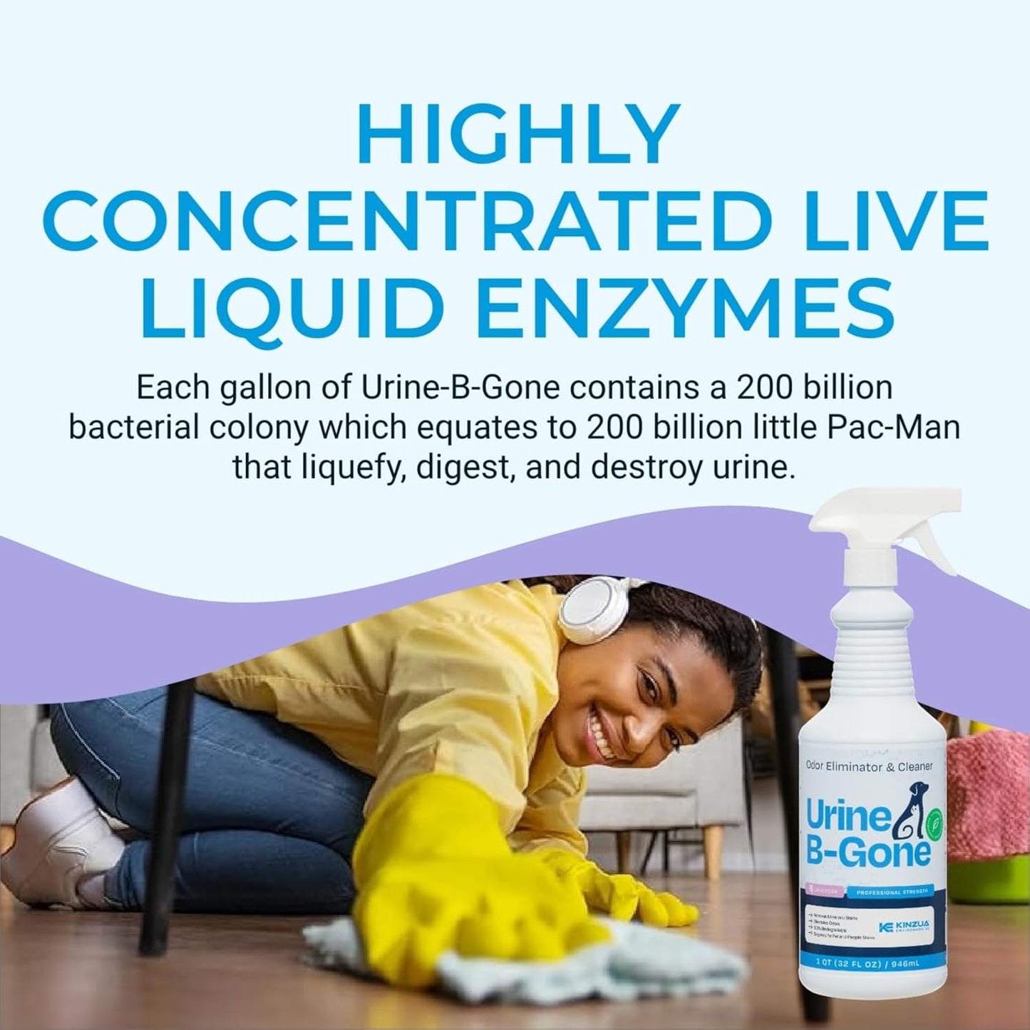 KINZUA ENVIRONMENTAL Urine B-Gone, Professional Enzyme Odor Eliminator & Pet Stain Remover, Human, Cat & Dog Urine Cleaner, Effective on Laundry, Carpets & More, Lavender Scent, 32oz