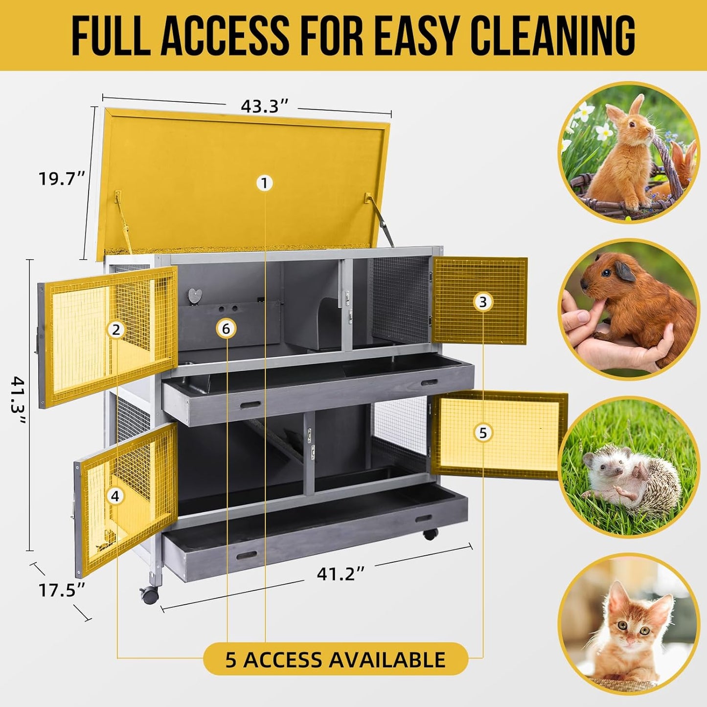 Rabbit Hutch Bunny Cage Indoor Outdoor with Wheel Deeper Tray Chew Proof Guinea Pig Cages 2 Decks Large Rabbit House with 4 Wooden Doors Weatherproof 41.3" L*17.3" W*41.3" H
