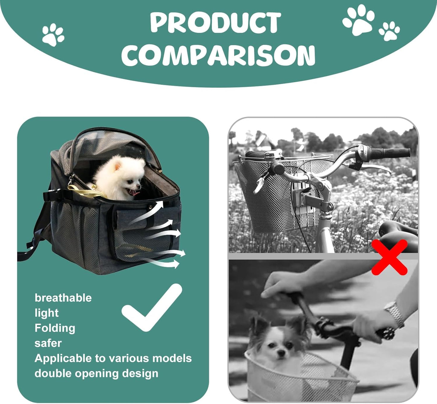 Qivine Dog Bike Basket, Oxford Cloth Dog Basket for Bike with Adjustable Mesh Windows, 11 Lbs Portable Dog Carrier for Bike with Widen Shoulderpad, Bicycle Basket Bag for Dogs and Cats