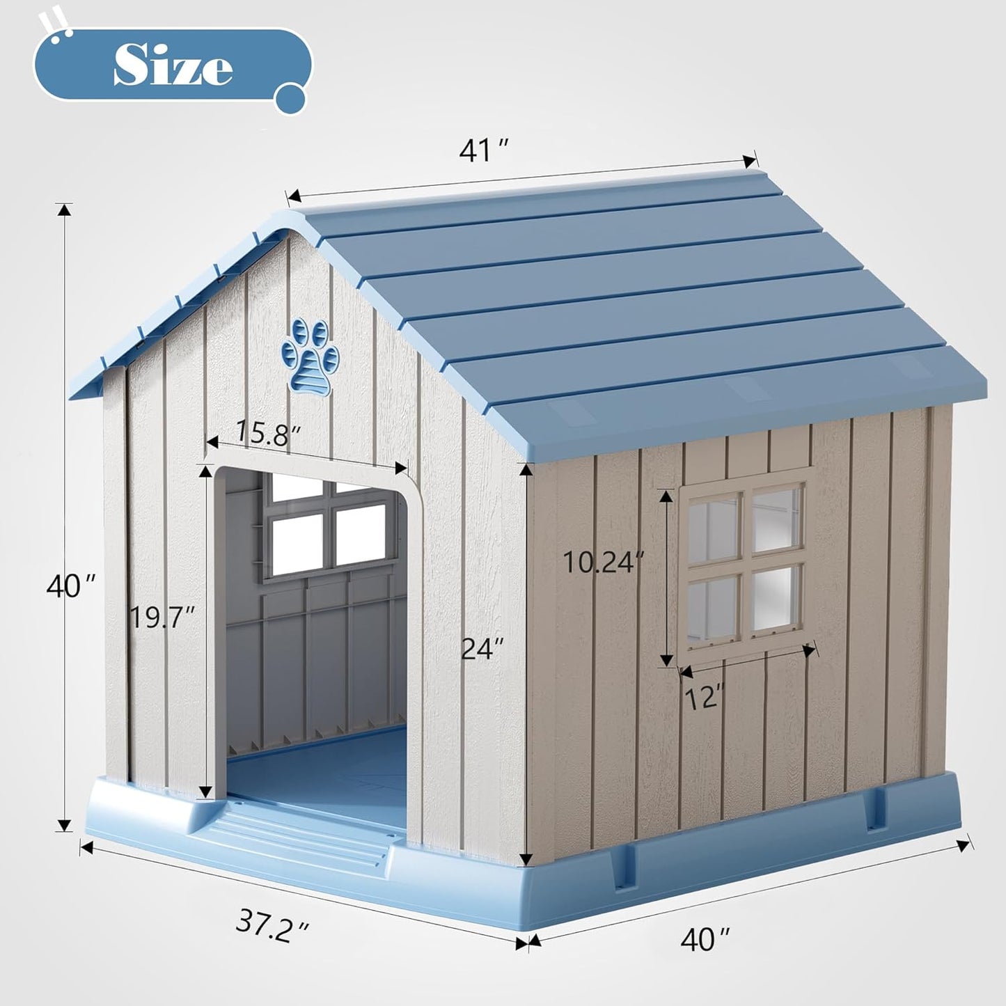 Large Dog House Outdoor Indoor for Medium Large Dogs, Durable Plastic Waterproof Doghouse with Air Vents and Elevated Floor, Easy Clean and Assemble (Blue, 37.2" L x 40" W x 40" H)