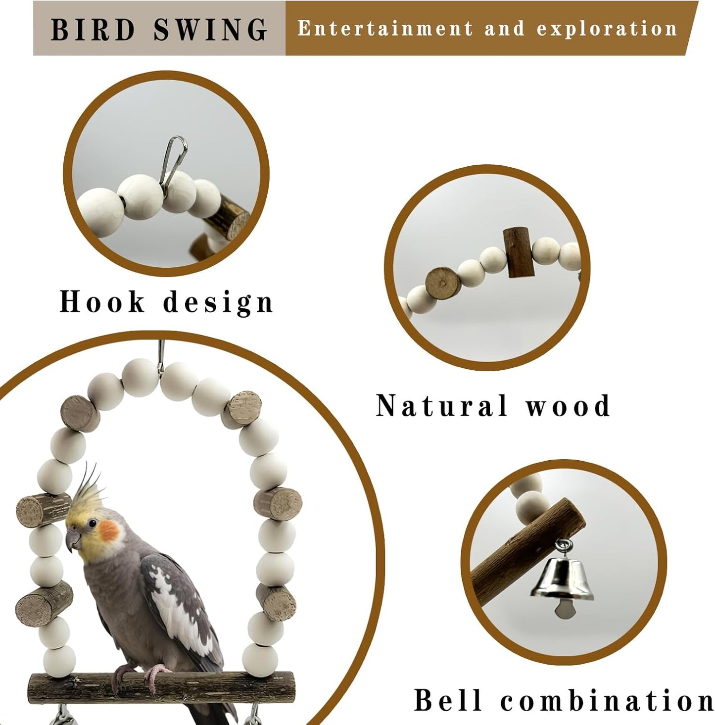 5Pcs Natural Wooden Bird Perch Set – Parrot Perch Toys, Wooden Perch Swing, Cage Accessories for Budgies, Cockatiels, Lovebirds, Finches, and Other Small to Medium Birds