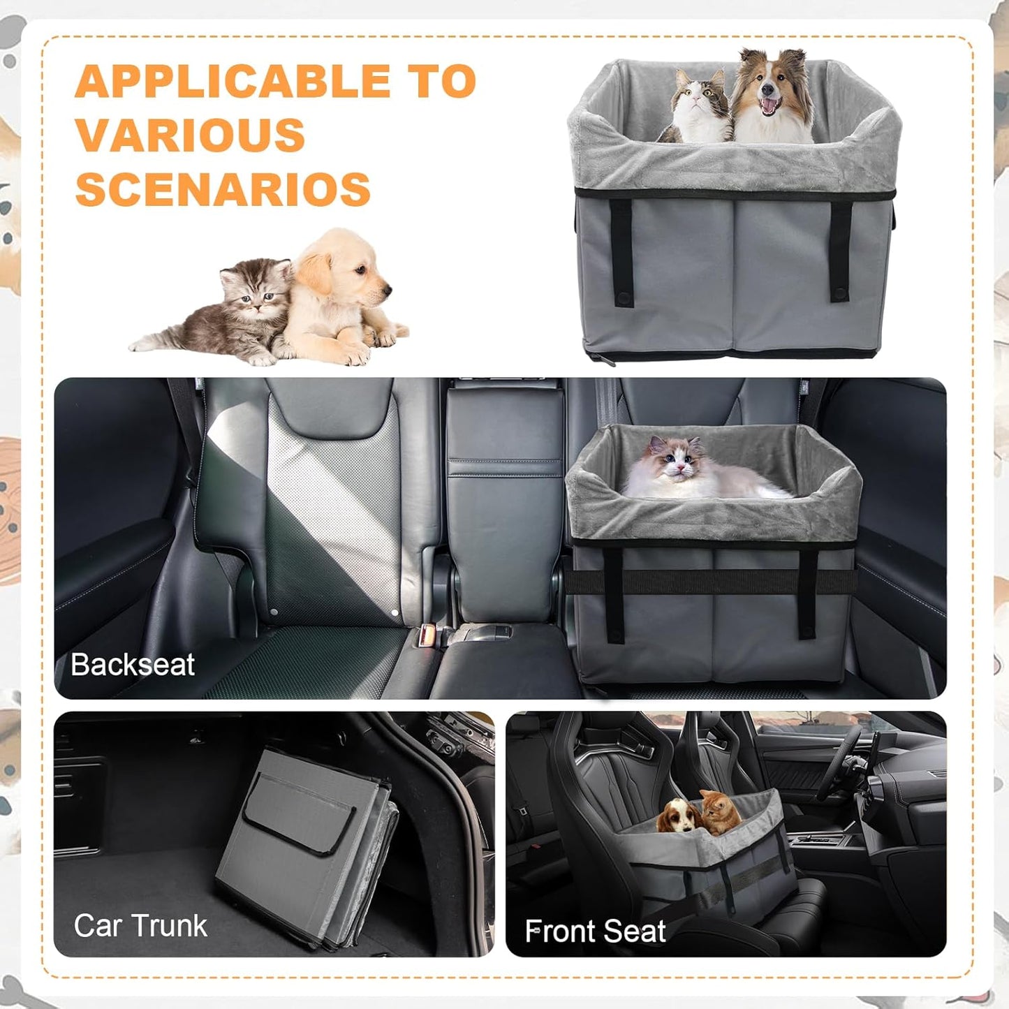 Eunice Small Dog Car Seat, 15.5 in (L) X 14.6 in (W) X 13 in (H) Washable Detachable and Portable Dog Booster Car Seat with Clip-on Safety Leash, Puppy Car Seats Storable Bottom Layer - Up to 25 lbs