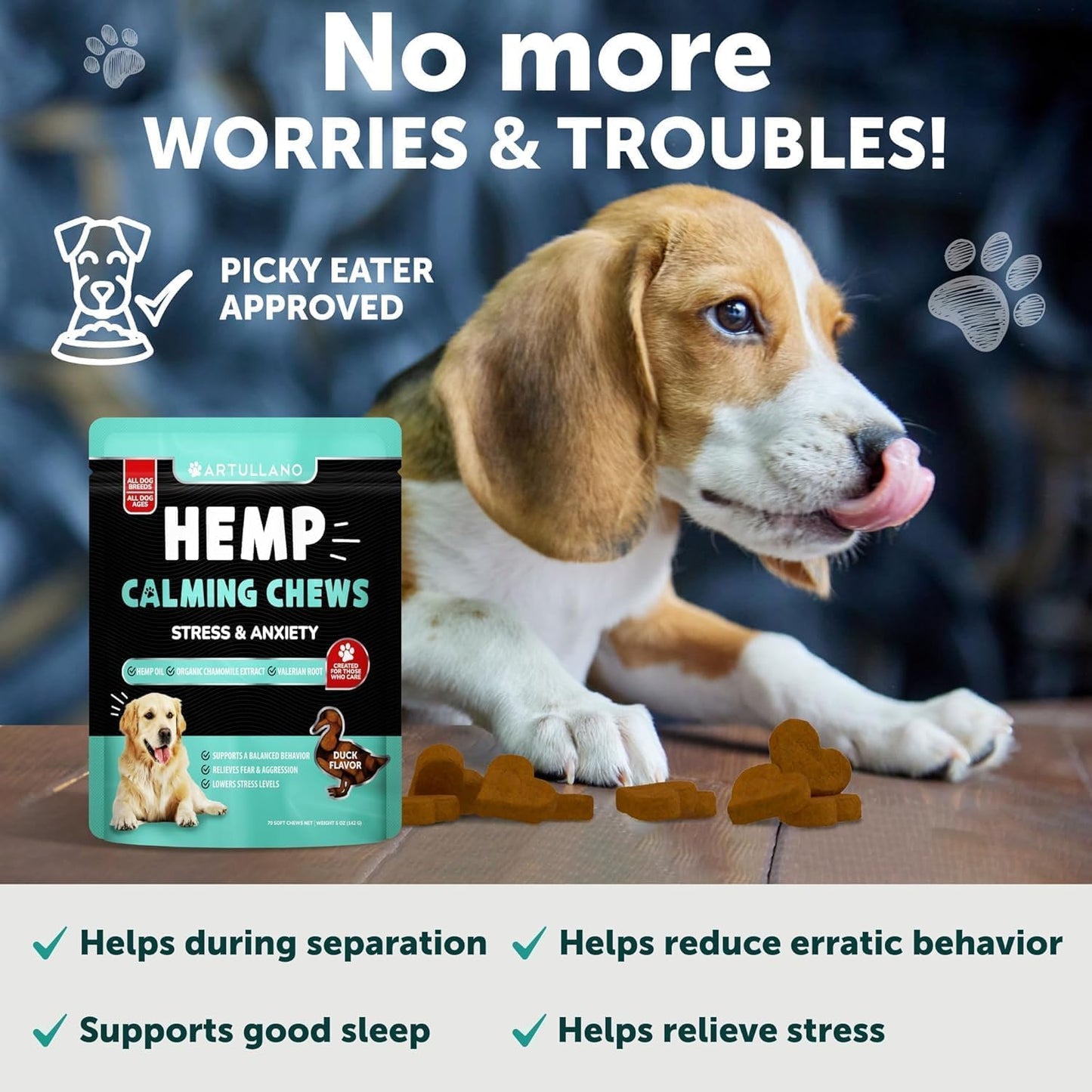 Hemp Calming Chews for Dogs - Dog Calming Chews - Dog Anxiety Relief Treats with Hemp Oil, Turmeric, Valerian, Ginger - Health and Wellness Supplements for Dogs - Hip and Joint Support - 70 Treats