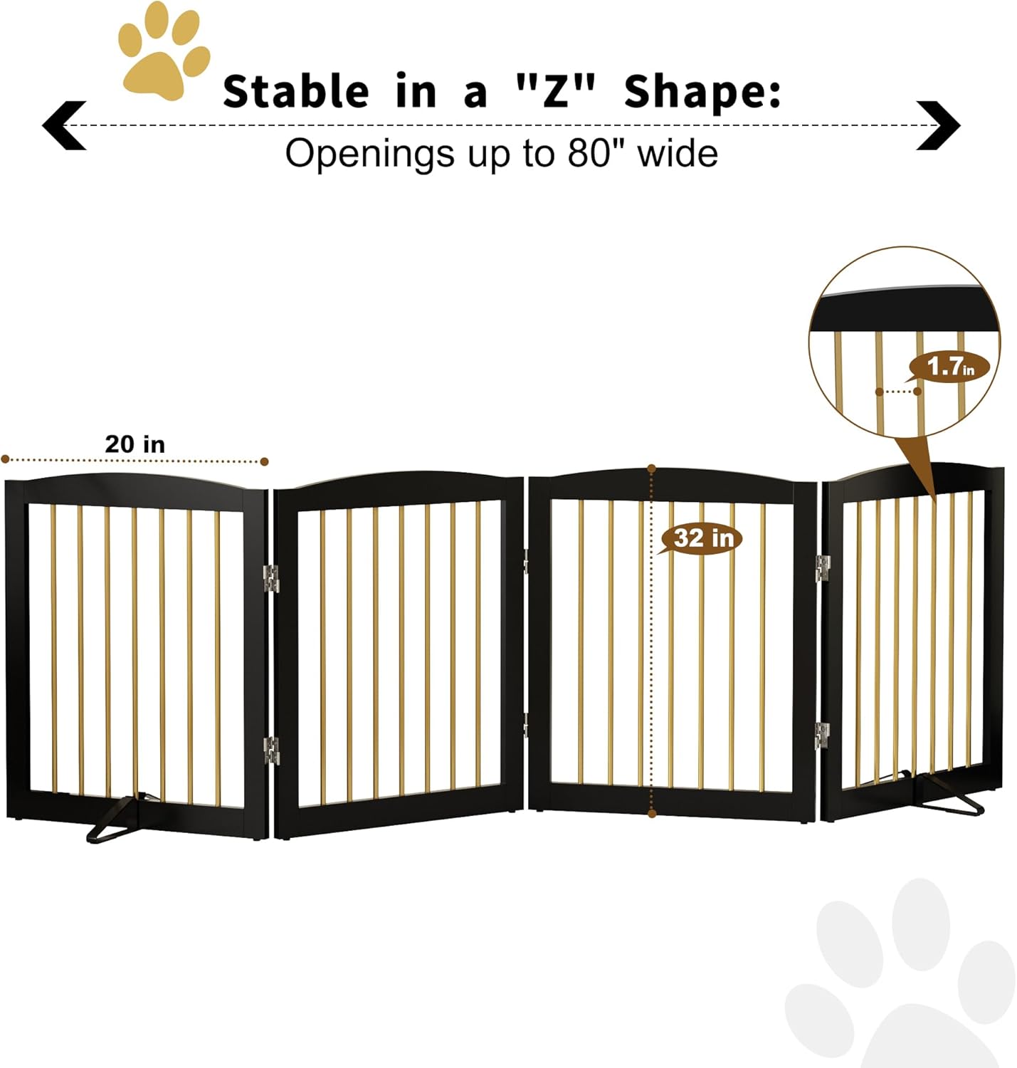 Freestanding Pet Gate for Dogs, Foldable Wooden Dog Gate for House, Indoor Dog Gate for Stairs, Doorways, Step Over Pet Puppy Safety Fence, 80 Inch Wide, 4 Panels 24", Black & Gold