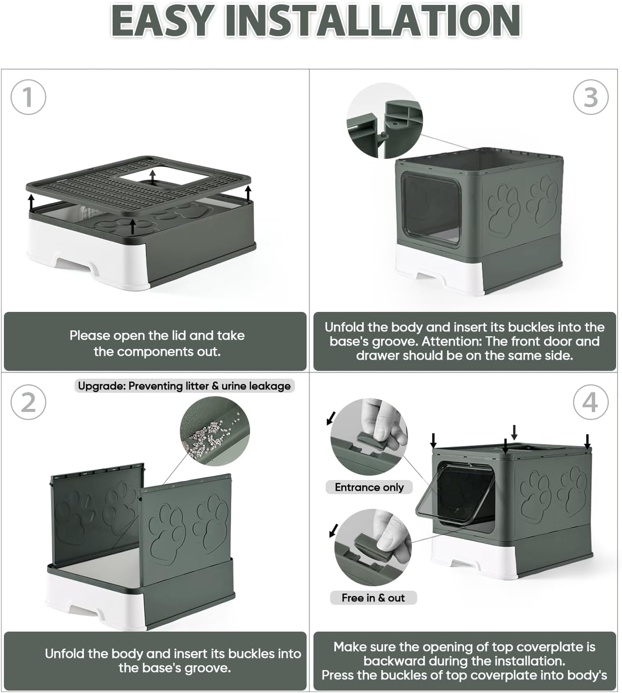 Cat Litter Box with X-Large Litter Mat and Scoop, Large Foldable Litter Box with Lid, Enclosed Kitty Box,Front Top Entry Exit, Odor Control Easy to Clean (Upgrade Olive Green)