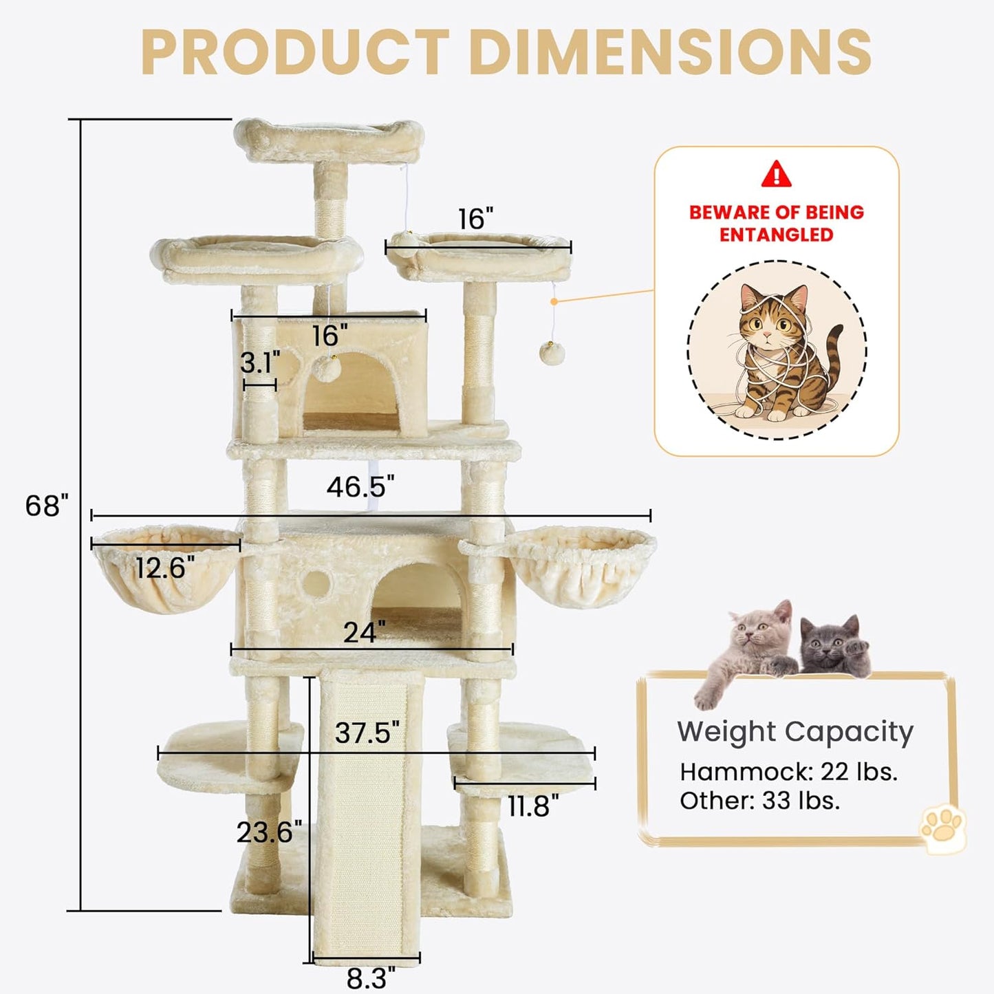 SHA CERLIN 68 Inches Multi-Level Large Cat Tree for Large Kitties/Big Cat Tower with Condo/Cozy Plush Pussycat Perches/Sisal Scratching Posts and Hammocks/Activity Center/Beige
