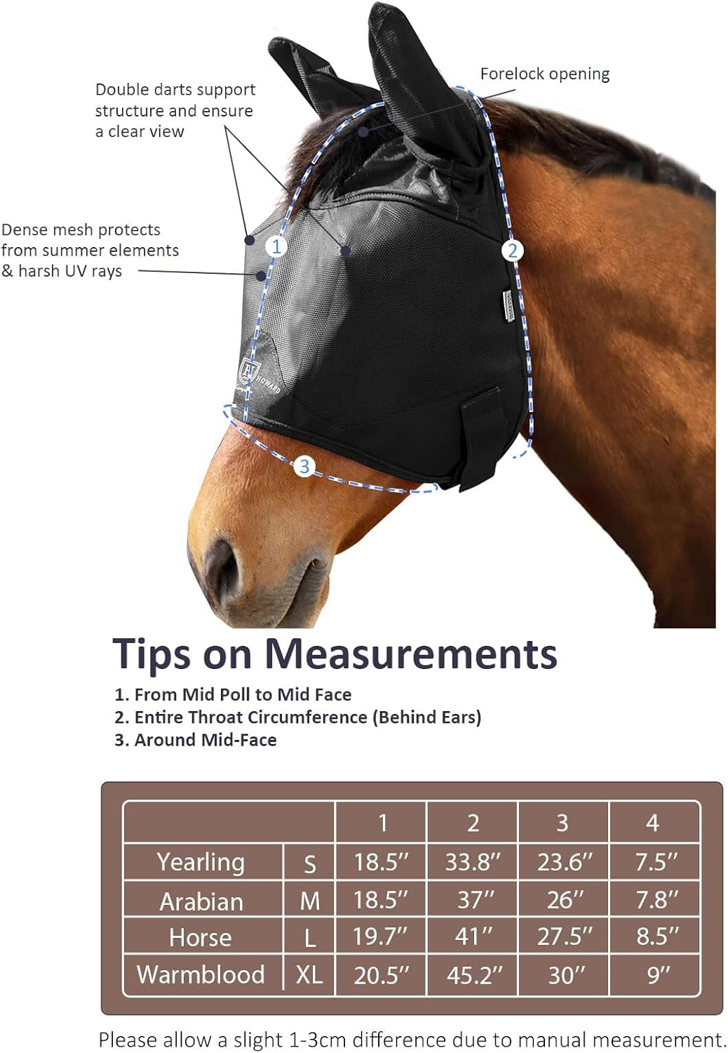 Harrison Howard UV-proof Multi-Function Fabrics Thick Fleece Padding Horse Fly Mask Half Face with Ears Black Horse Large