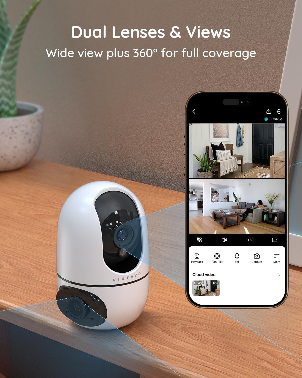 virtavo XD1 Indoor Pet & Baby Camera, No Subscription Required, Dual-Lens 360° PTZ, Motion Tracking, 2-Way Audio, Night Vision, Cloud/SD Storage, Phone App, WiFi, 2-Pack, Power Adapter Included