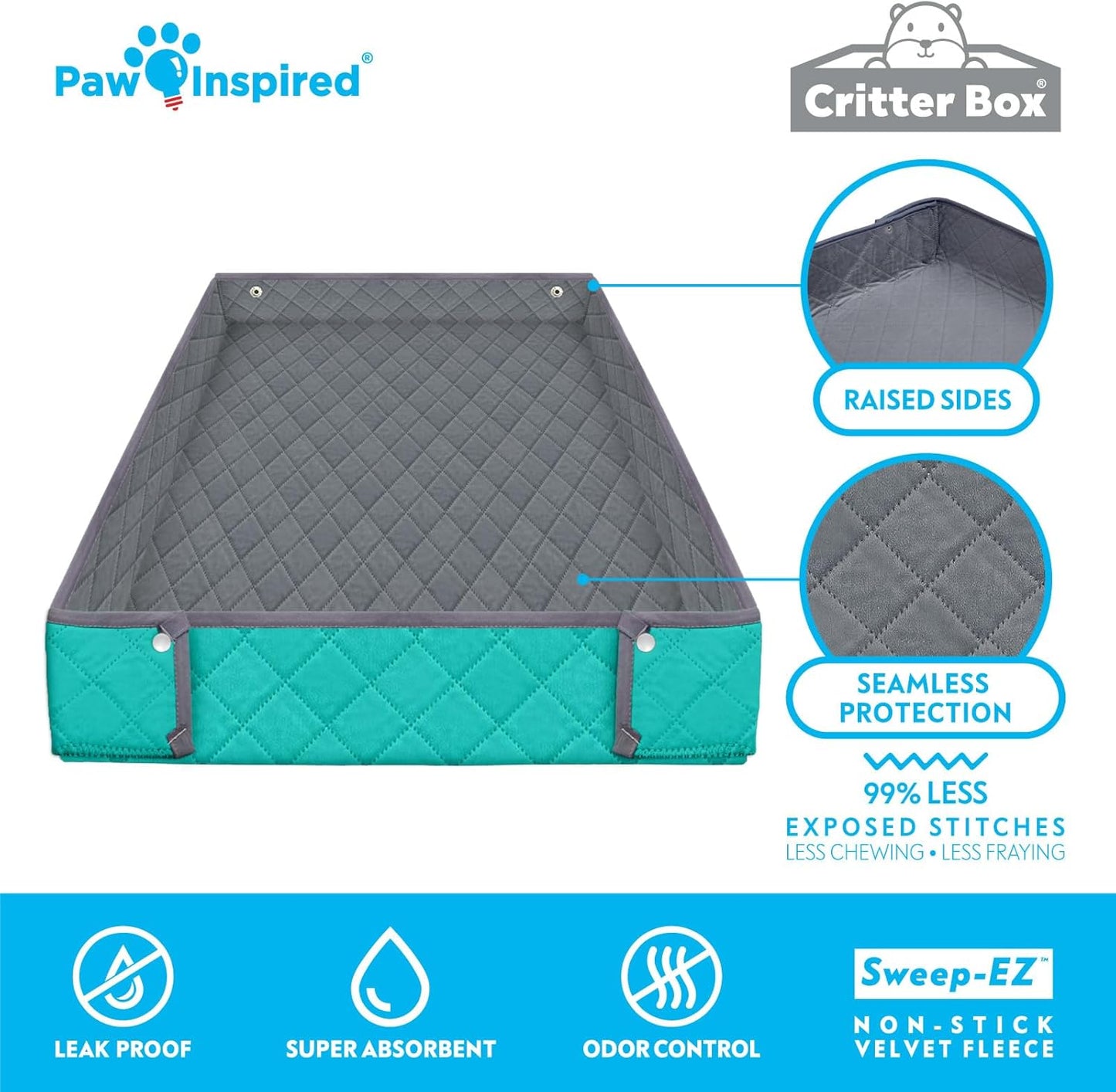 Paw Inspired Critter Box Washable Cage Liner, Reversible Fleece Bedding with Raised Sides for Guinea Pigs and Other Small Animals (2x4 (12" Grids), Gray/Green)