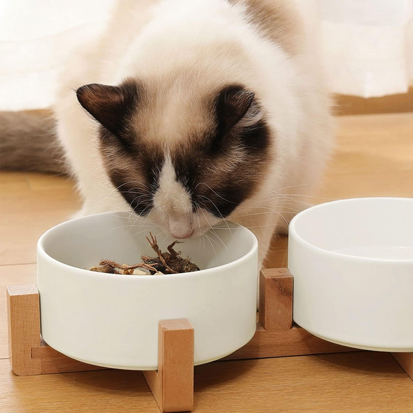 Petygooing Dog Bowls,White Ceramic Cat Dog Bowl Set with Wood Stand for Food and Water Feeder, Modern Pet Dish Set for Cats and Small Size Dogs Puppy (13.5OZ/5.1 in)