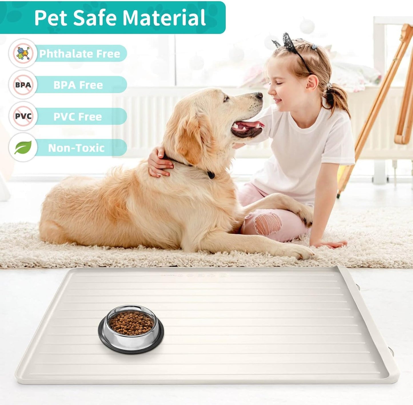 Dog Mat for Food and Water - 39.4" x 27" Large Pet Feeding Mats with Residue Collection Pocket - Waterproof Dog Cat Bowl Mat with High Edges to Prevent Water and Food Spills (Cream)