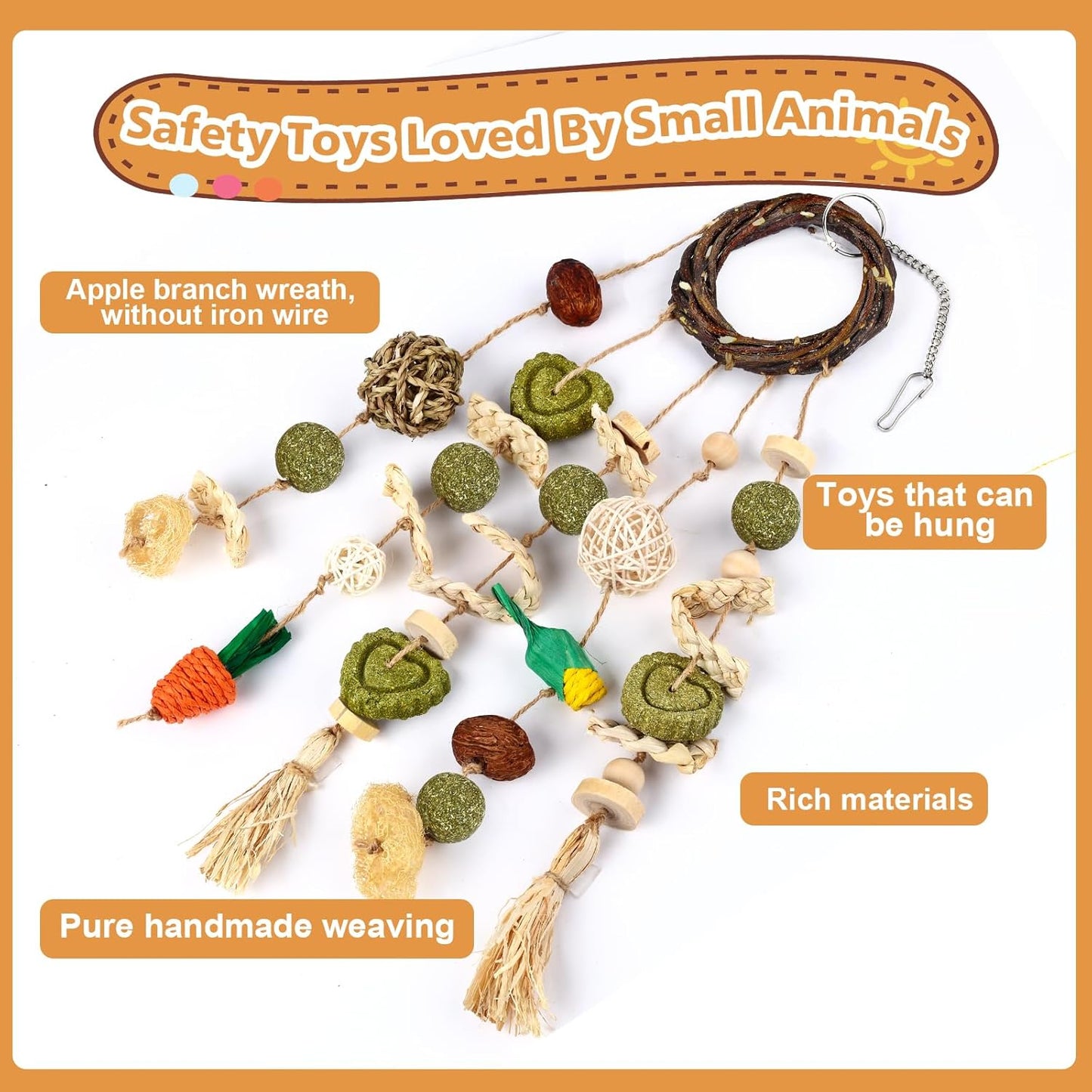 VESPRO Bunny Chew Toys, Rabbit Cage Hanging Chewing Toy and Treats Snack Ring, for Rabbits Chinchilla Guinea Pig Hamsters Grinding Teeth with Other Small Pets, Natural Materials Handwoven (5 Strings)