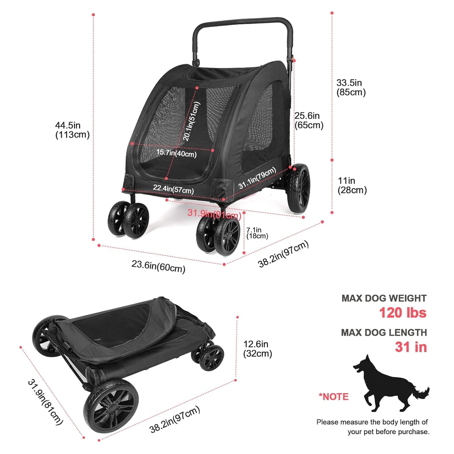 Large Dog Travel Stroller with 4 Heavy Duty Wheels Pet Stroller with Adjustable Handle - Double Doggie Capacity Jogger Wagon with Back Front Door for Small Medium Large Dogs (Black)