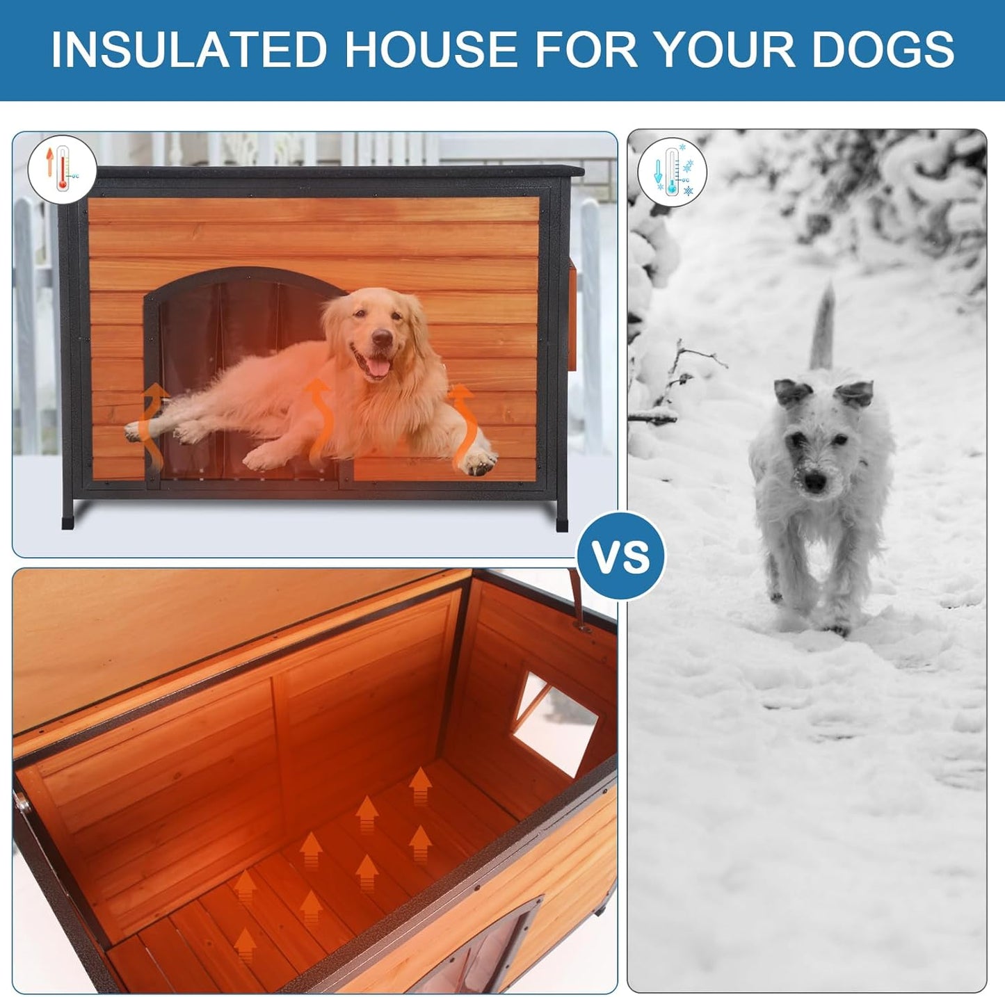 Dog House Outdoor Insulated 43.3" L Large Dog Kennel 6 Sides All-Round Foam Winter Weatherproof for Small Medium Large Dogs with Strong Metal Chew Proof Frame