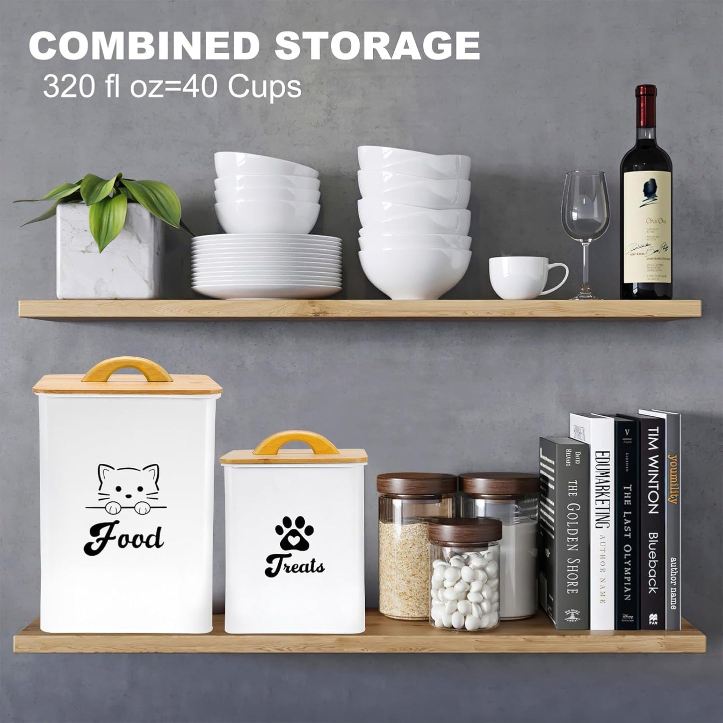 Cat Food Storage Container with Scoop, 2PCS Cat Food Storage Container with Lids Airtight, Cat Treat Jars for Kitchen Counter-7+3Lbs, Cat Cookie Jar for Storage, White